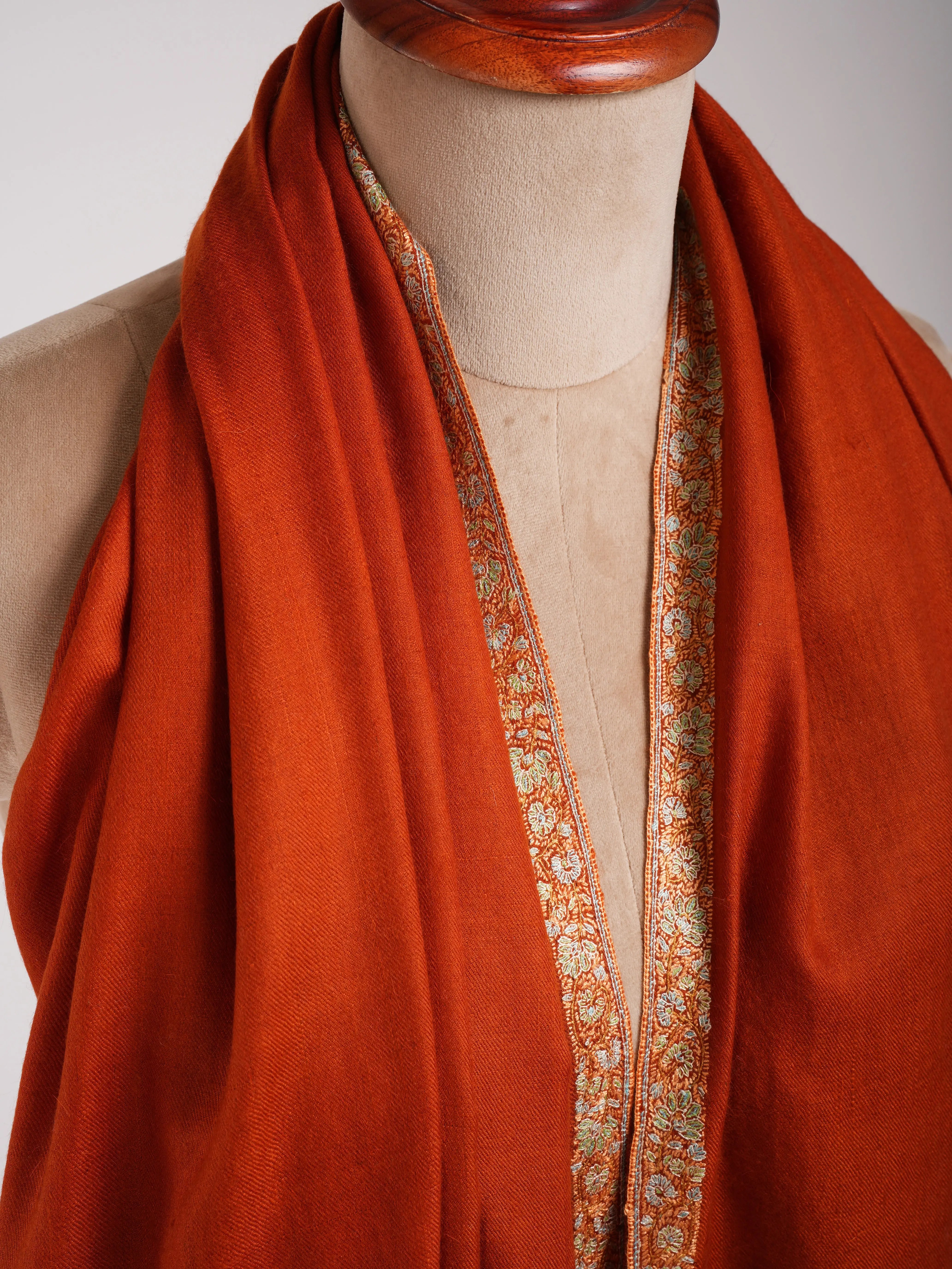 Rust Hashiadar Sozni Embroidered Kashmiri Pashmina Shawl Shahkaar