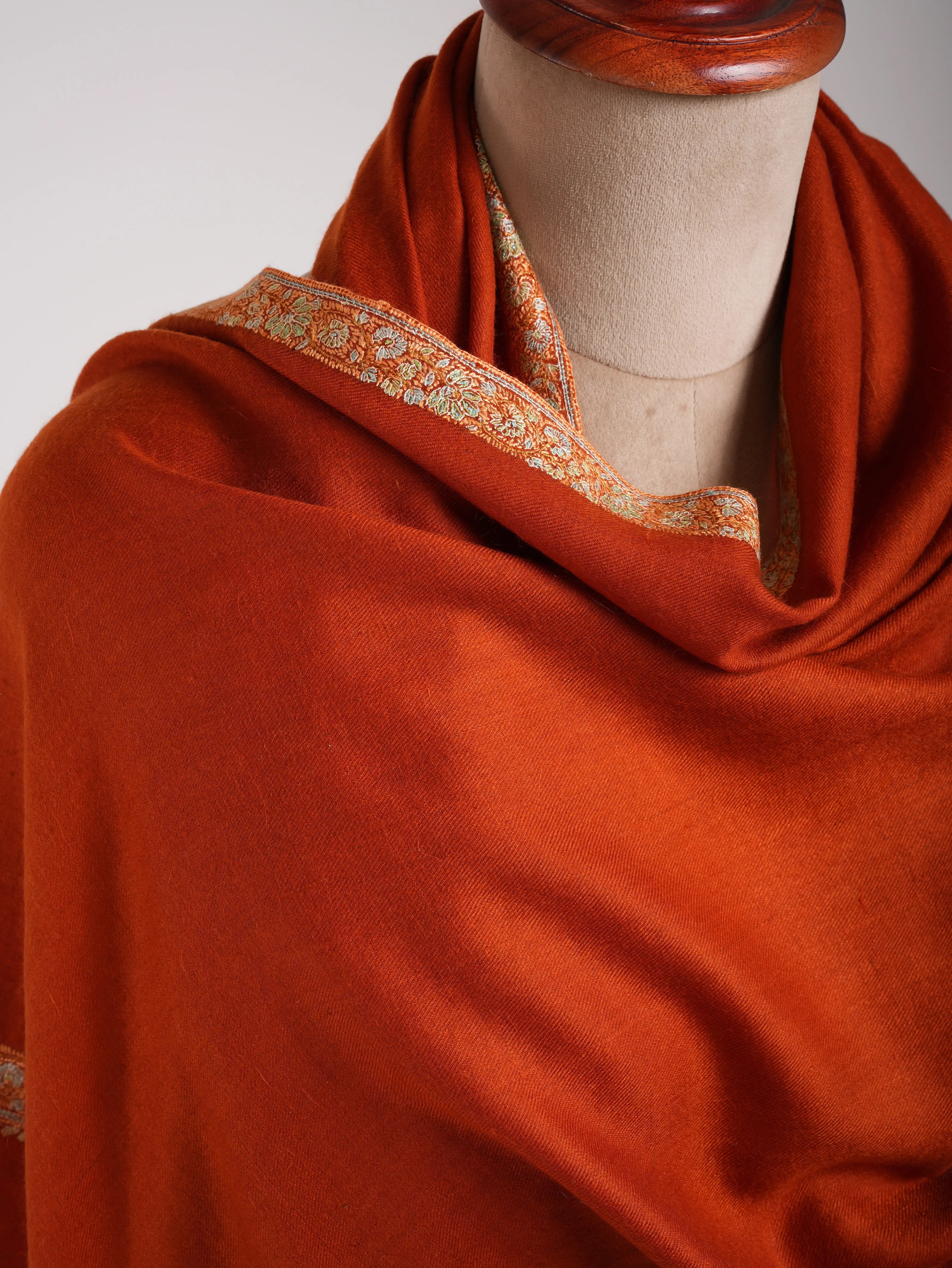 Rust Hashiadar Sozni Embroidered Kashmiri Pashmina Shawl Shahkaar