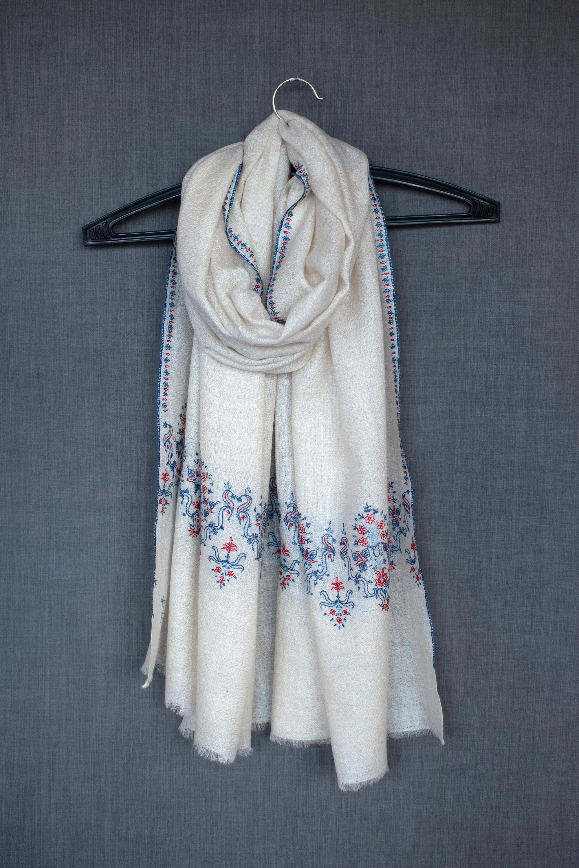 SHOP ANNIVERSARY SALE - Ivory Kashmiri Scarf, Pure Cashmere Pashmina Wrap, Handmade, Conscious Fashion, 28x80" Shahkaar