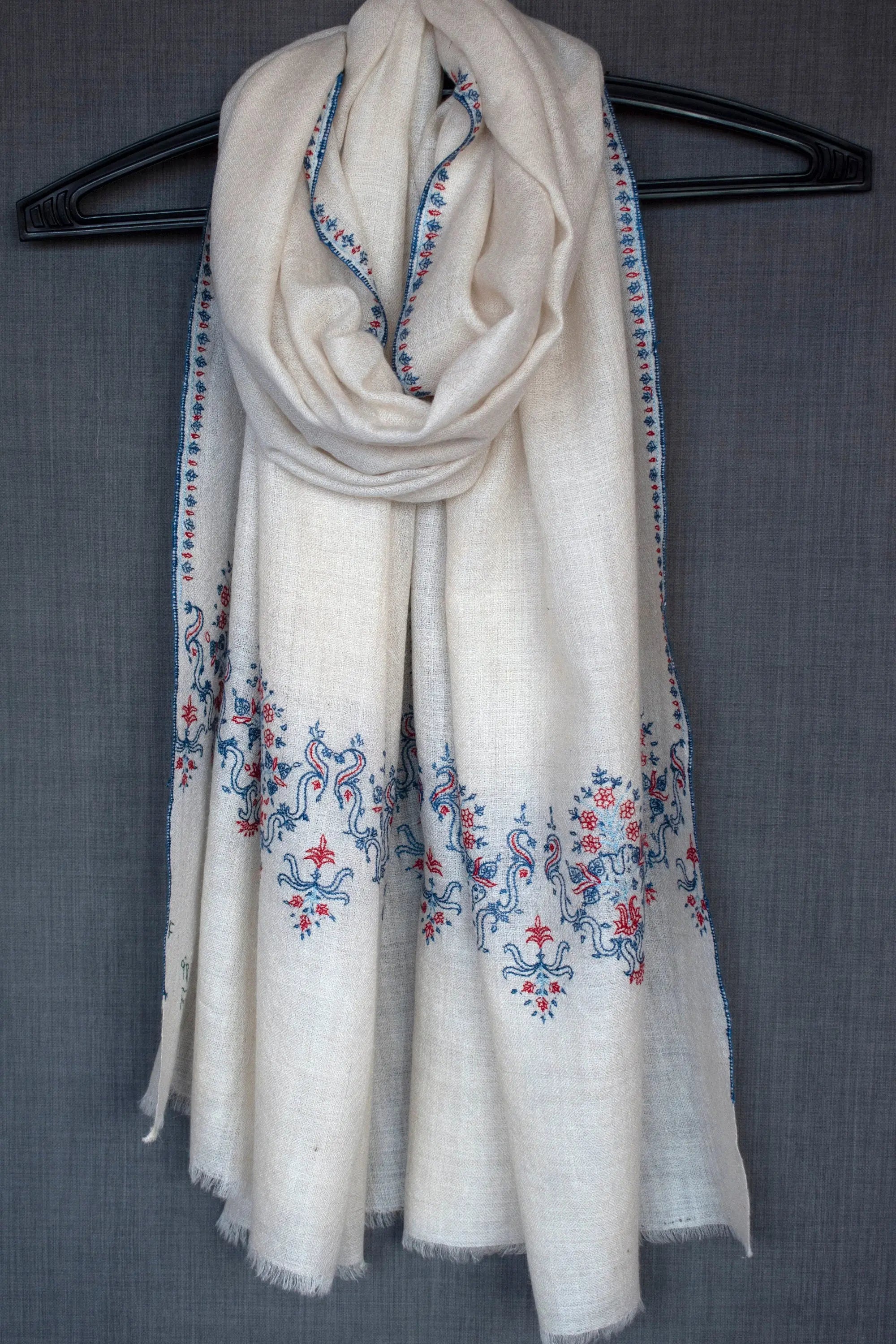 SHOP ANNIVERSARY SALE - Ivory Kashmiri Scarf, Pure Cashmere Pashmina Wrap, Handmade, Conscious Fashion, 28x80" Shahkaar