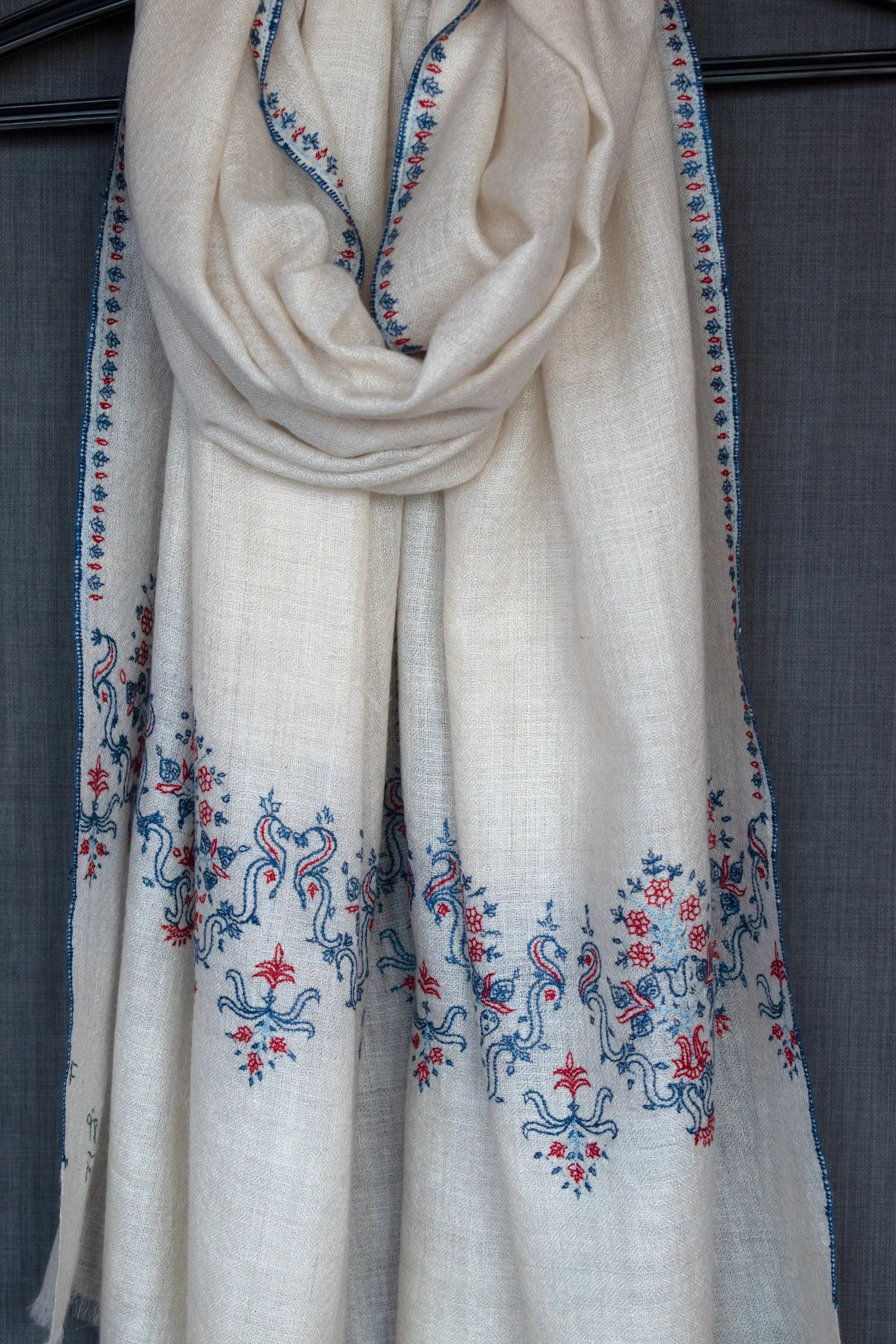 SHOP ANNIVERSARY SALE - Ivory Kashmiri Scarf, Pure Cashmere Pashmina Wrap, Handmade, Conscious Fashion, 28x80" Shahkaar