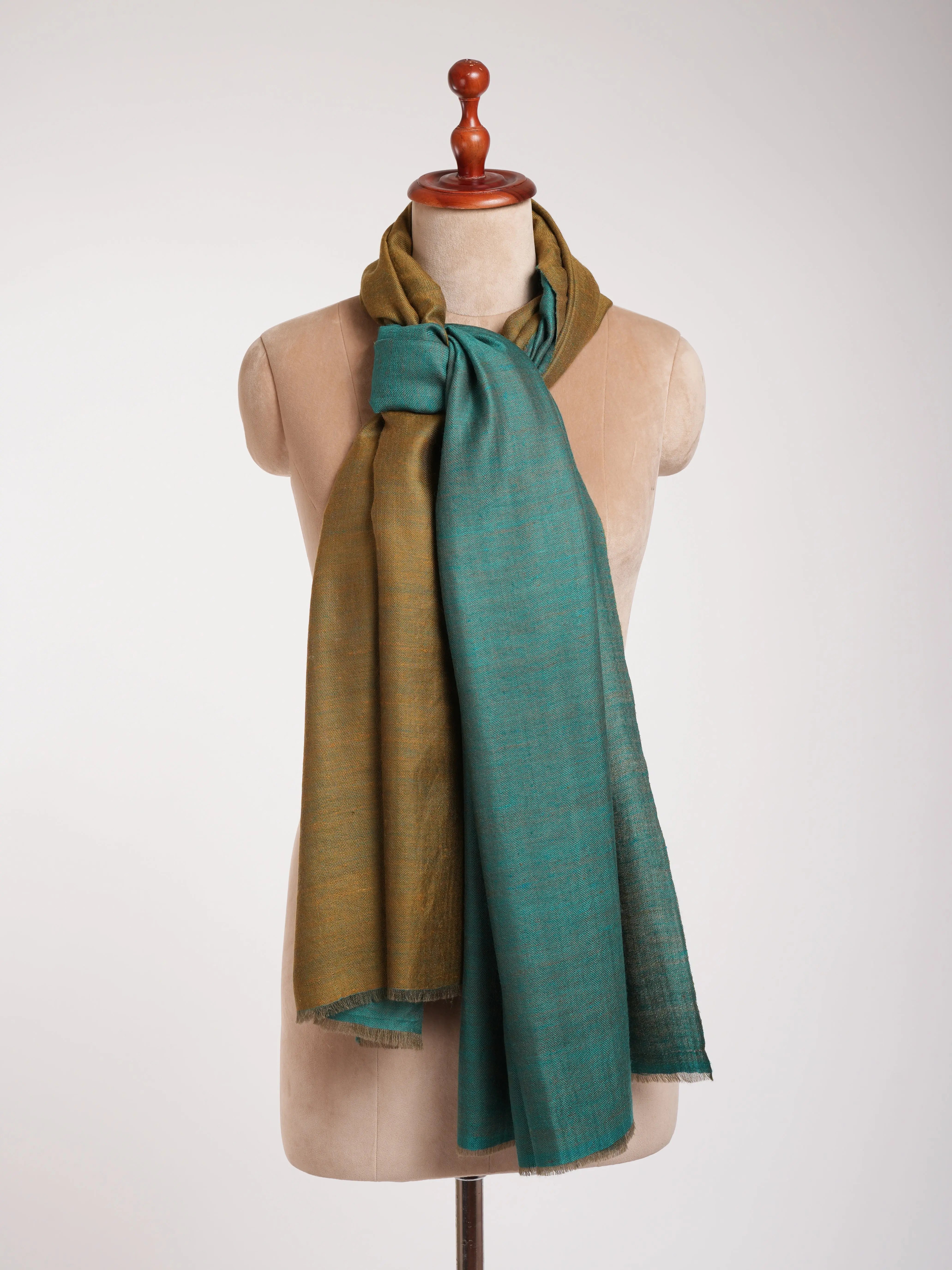 Shaded Spruce and Mustard Dorukha Cashmere Pashmina Shawl Shahkaar