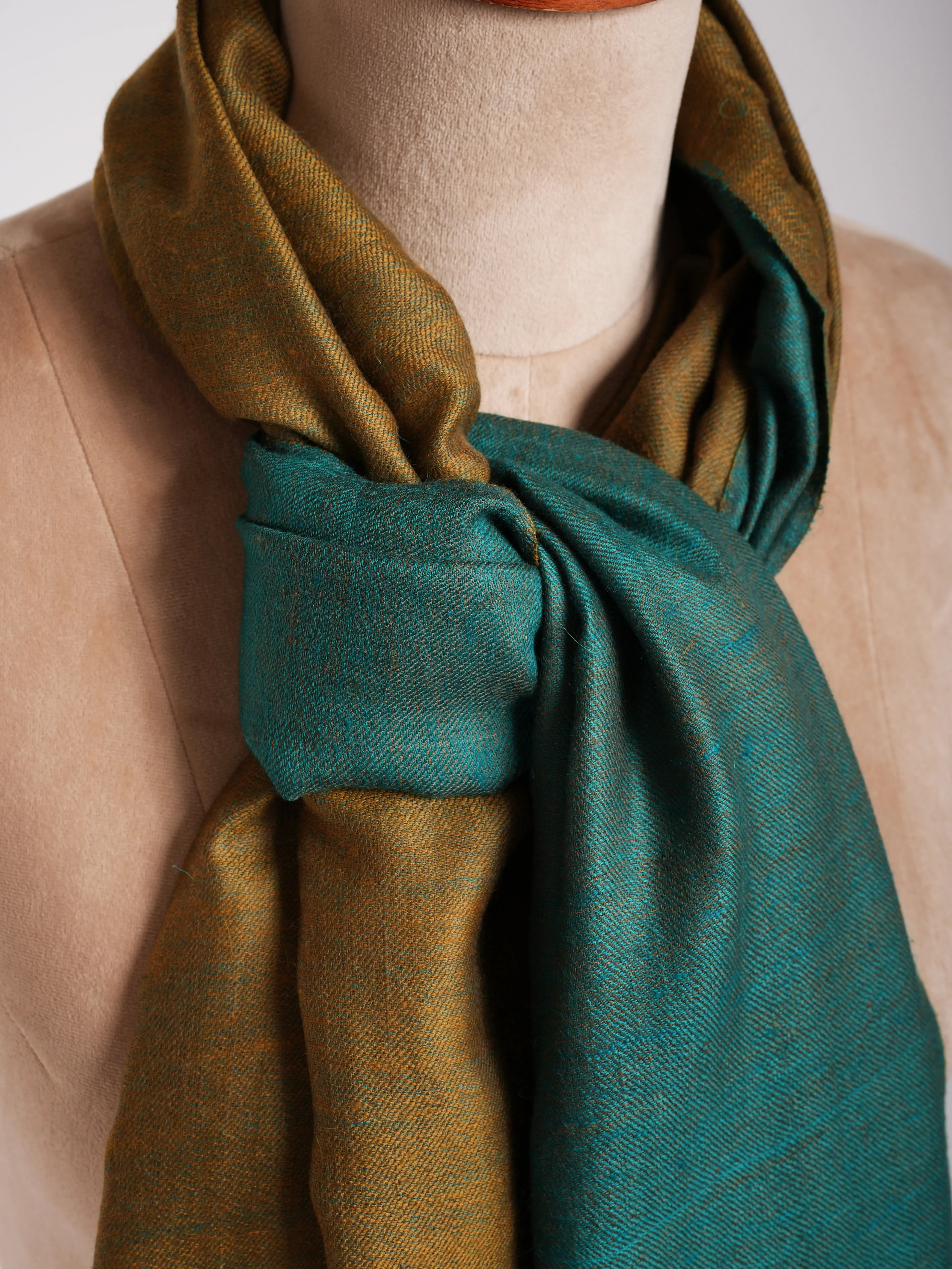Shaded Spruce and Mustard Dorukha Cashmere Pashmina Shawl Shahkaar