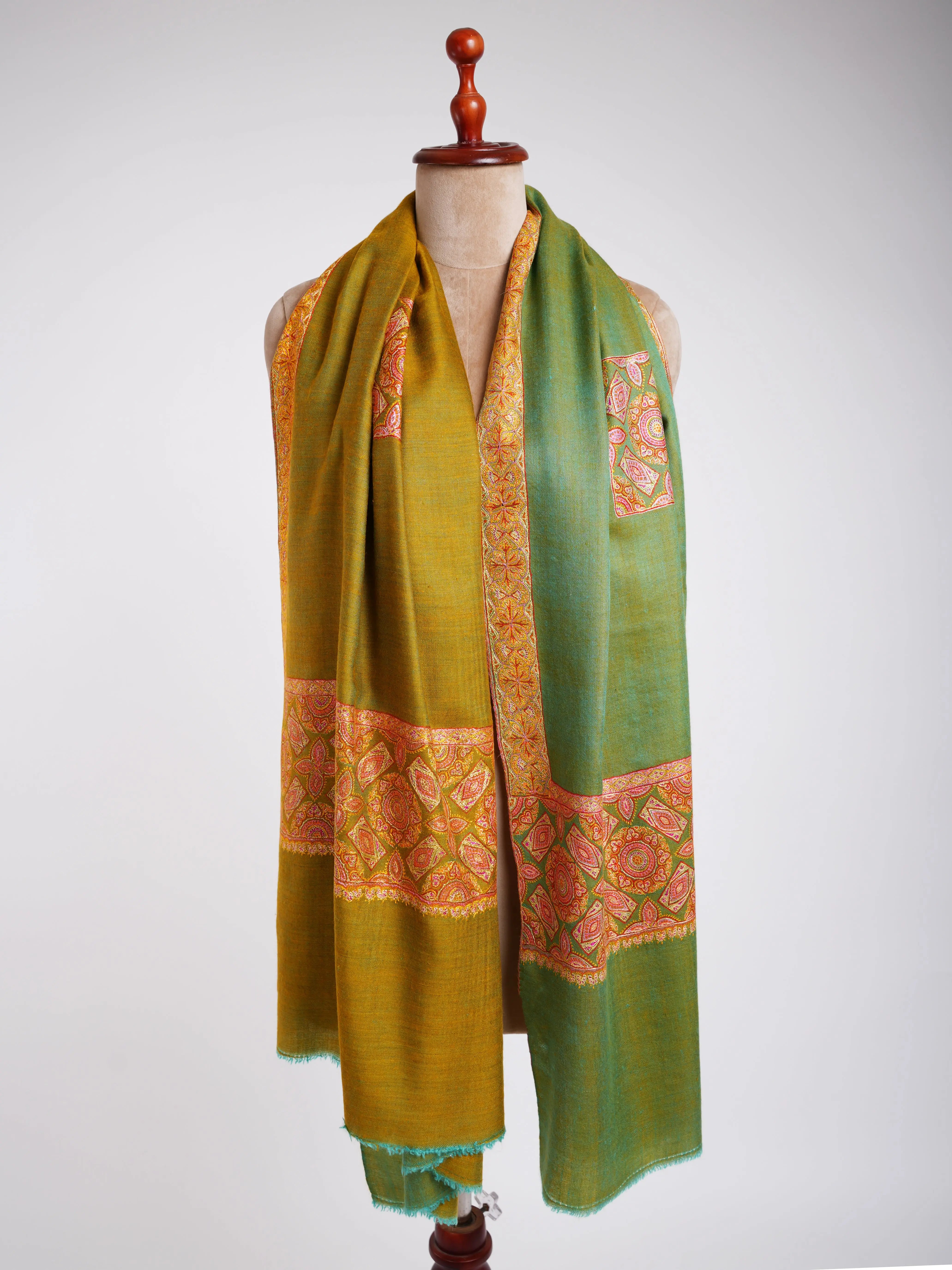 Silk Sozni Dorukha Pashmina Shawl Green Shahkaar