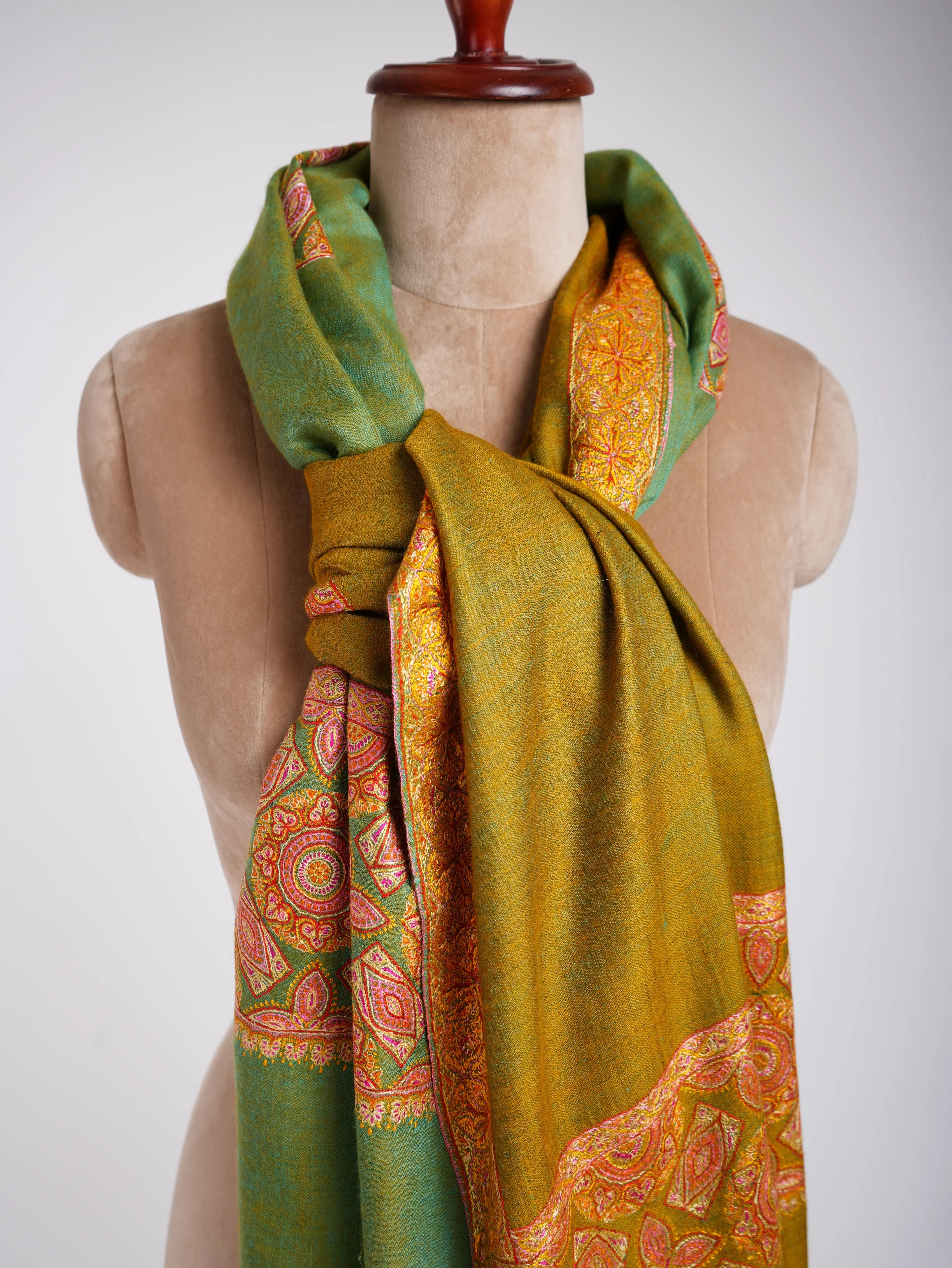 Silk Sozni Dorukha Pashmina Shawl Green Shahkaar