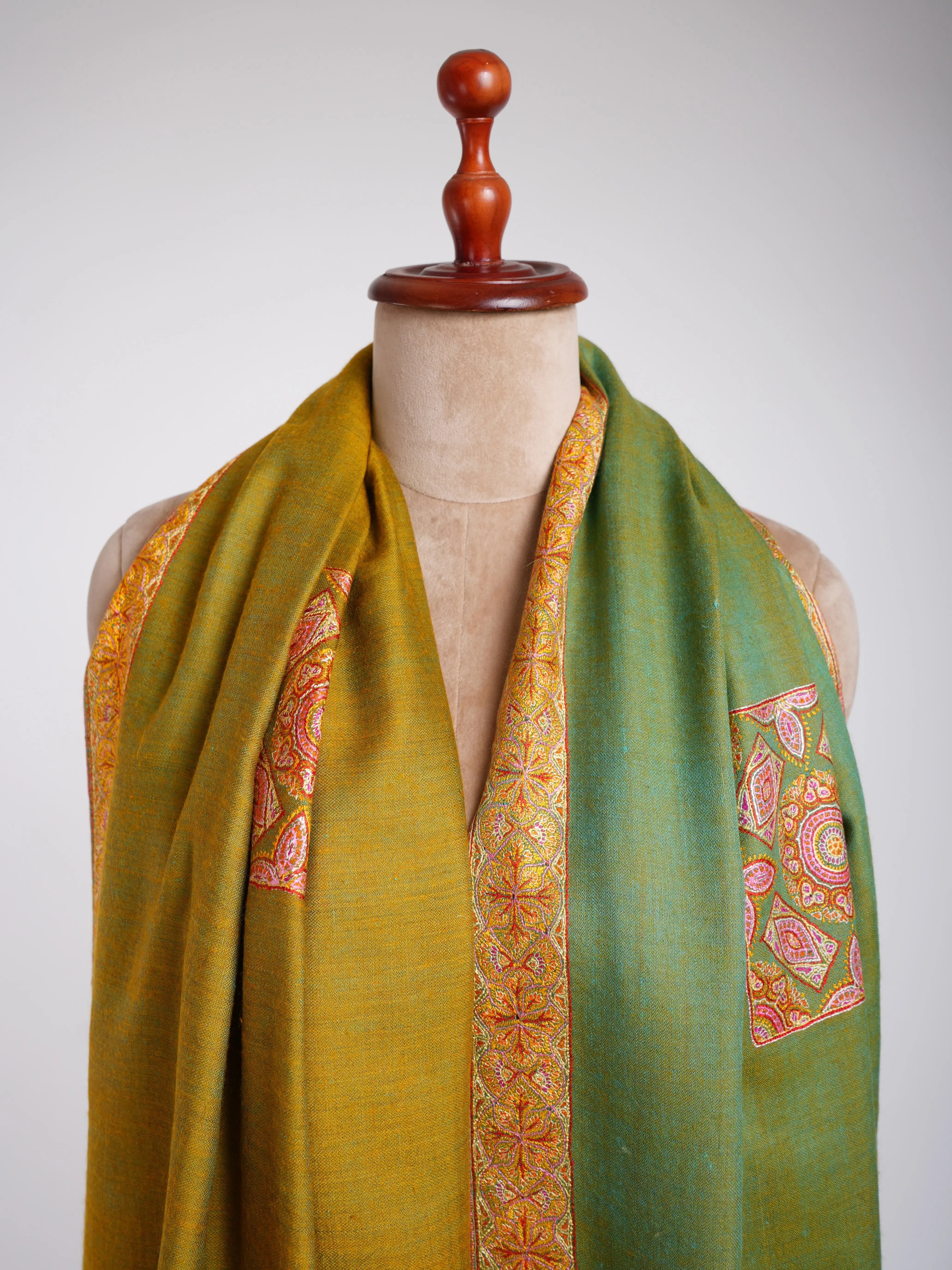 Silk Sozni Dorukha Pashmina Shawl Green Shahkaar
