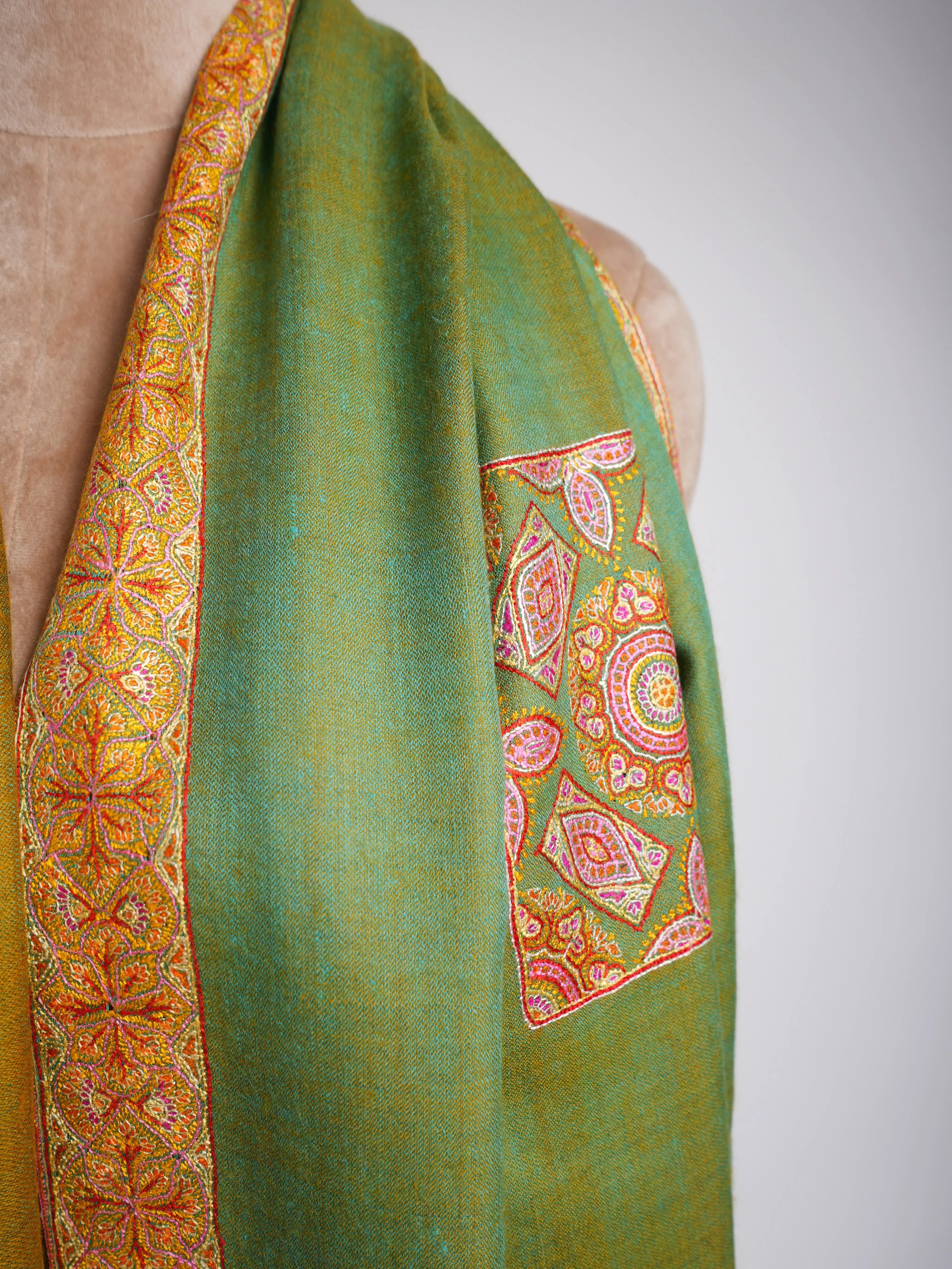 Silk Sozni Dorukha Pashmina Shawl Green Shahkaar