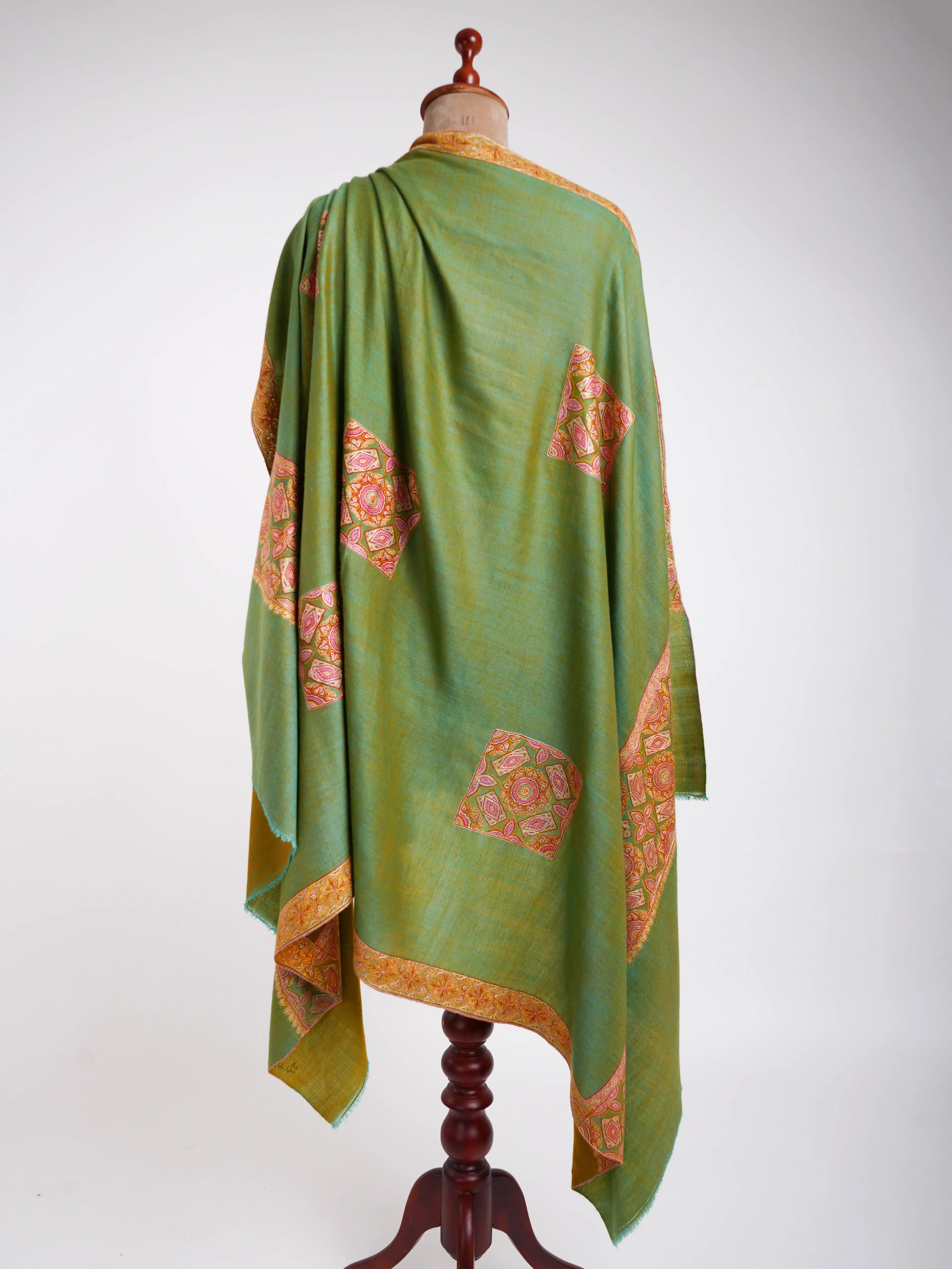 Silk Sozni Dorukha Pashmina Shawl Green Shahkaar