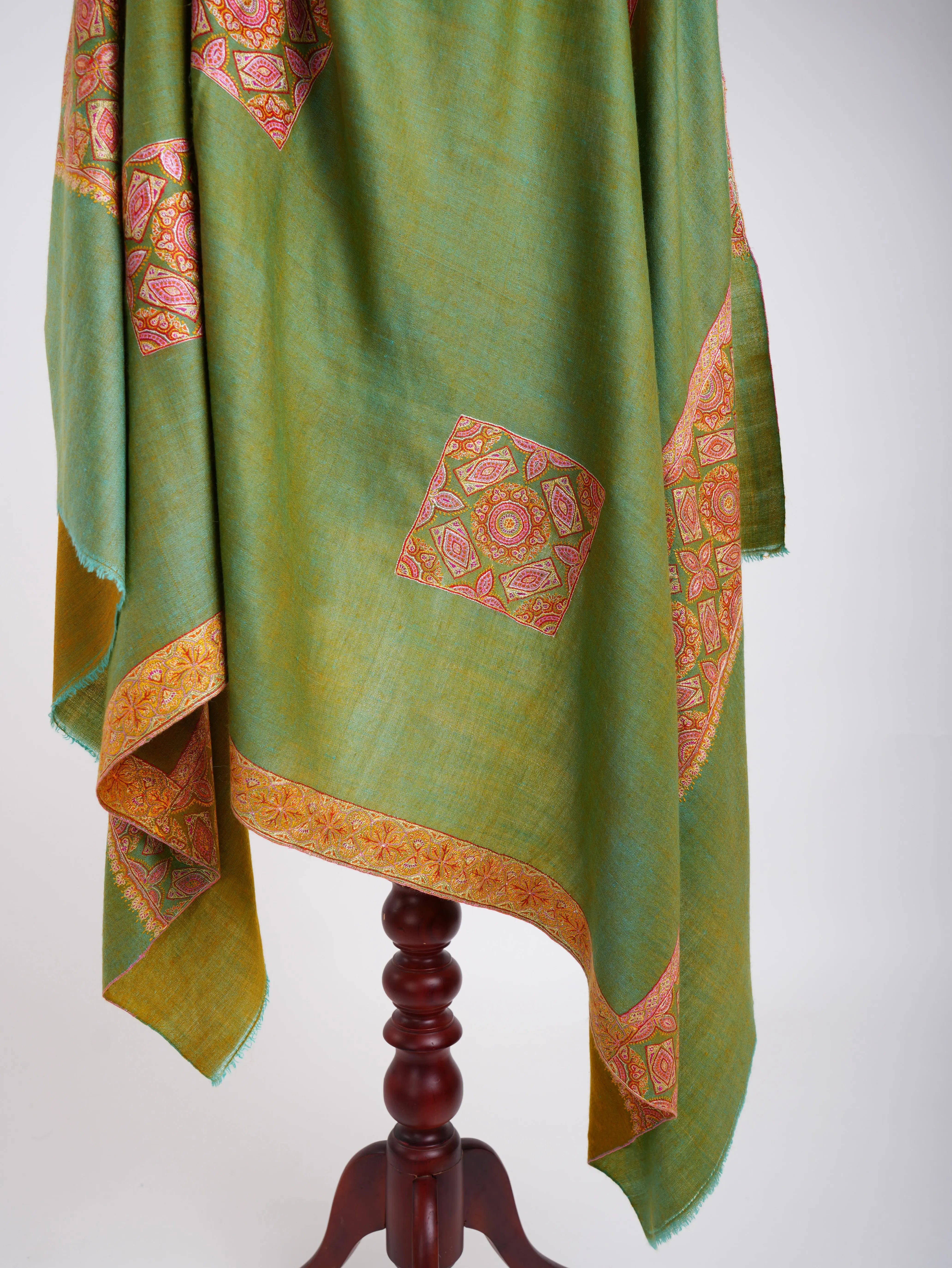 Silk Sozni Dorukha Pashmina Shawl Green Shahkaar