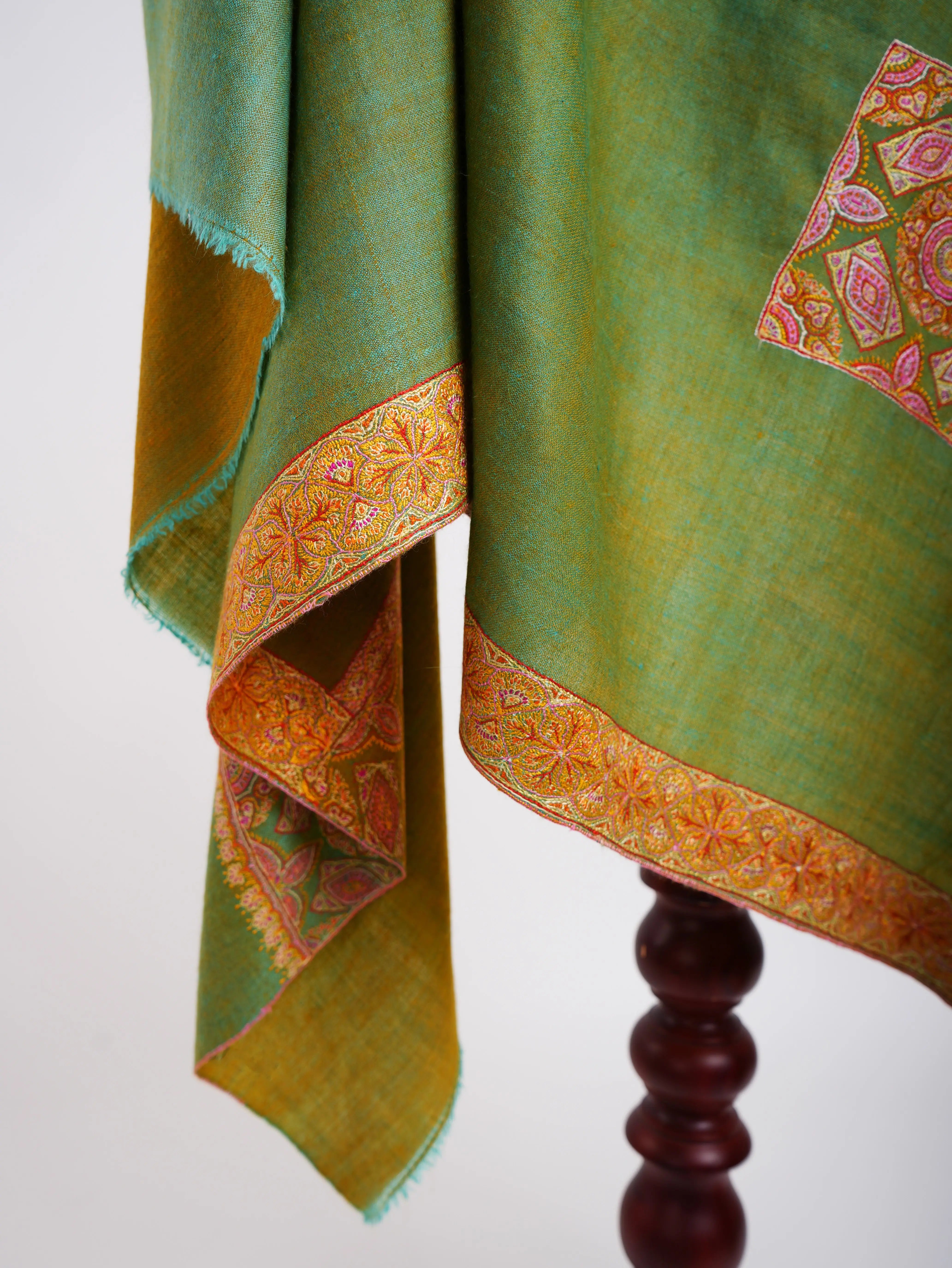 Silk Sozni Dorukha Pashmina Shawl Green Shahkaar