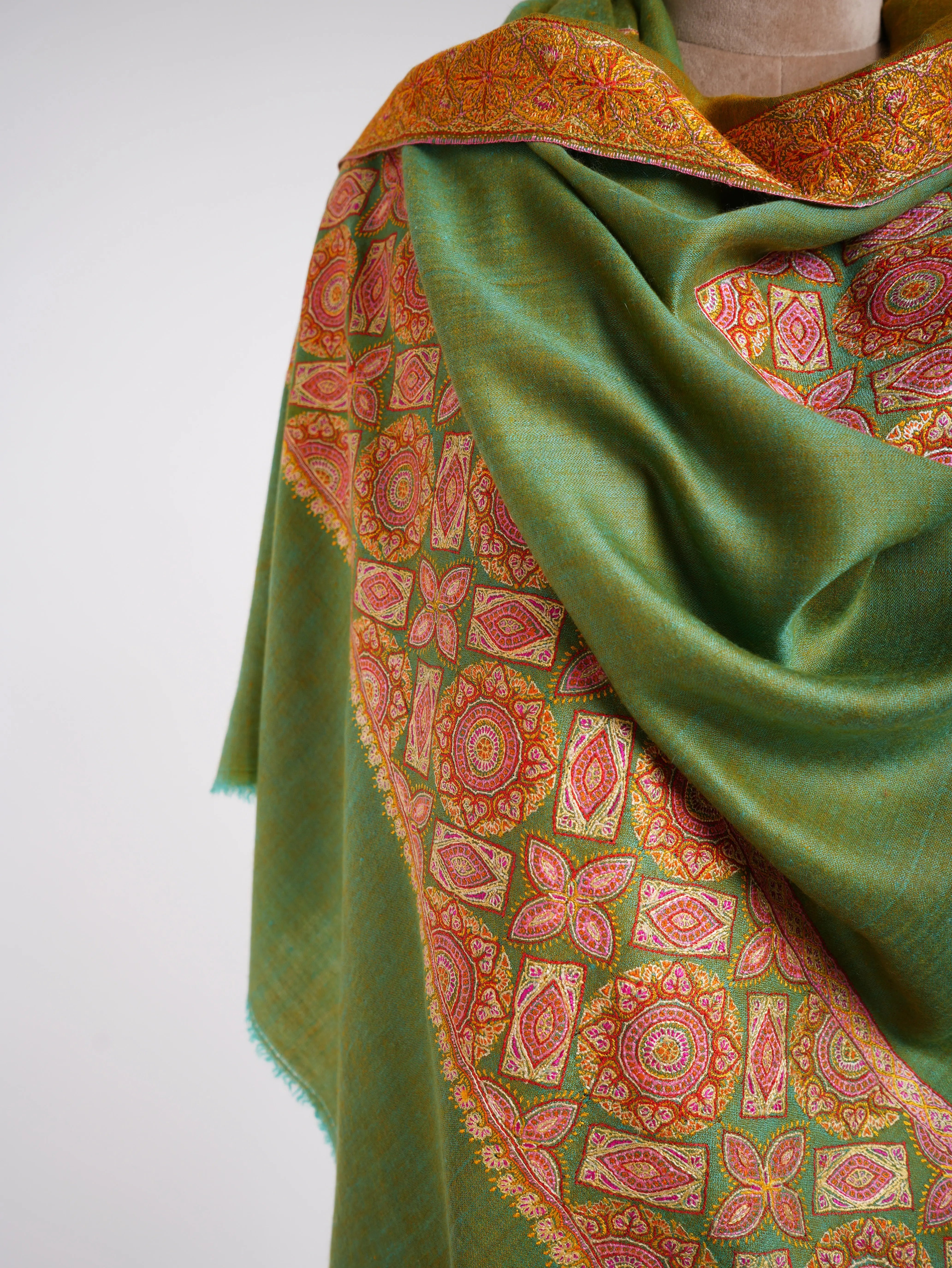 Silk Sozni Dorukha Pashmina Shawl Green Shahkaar