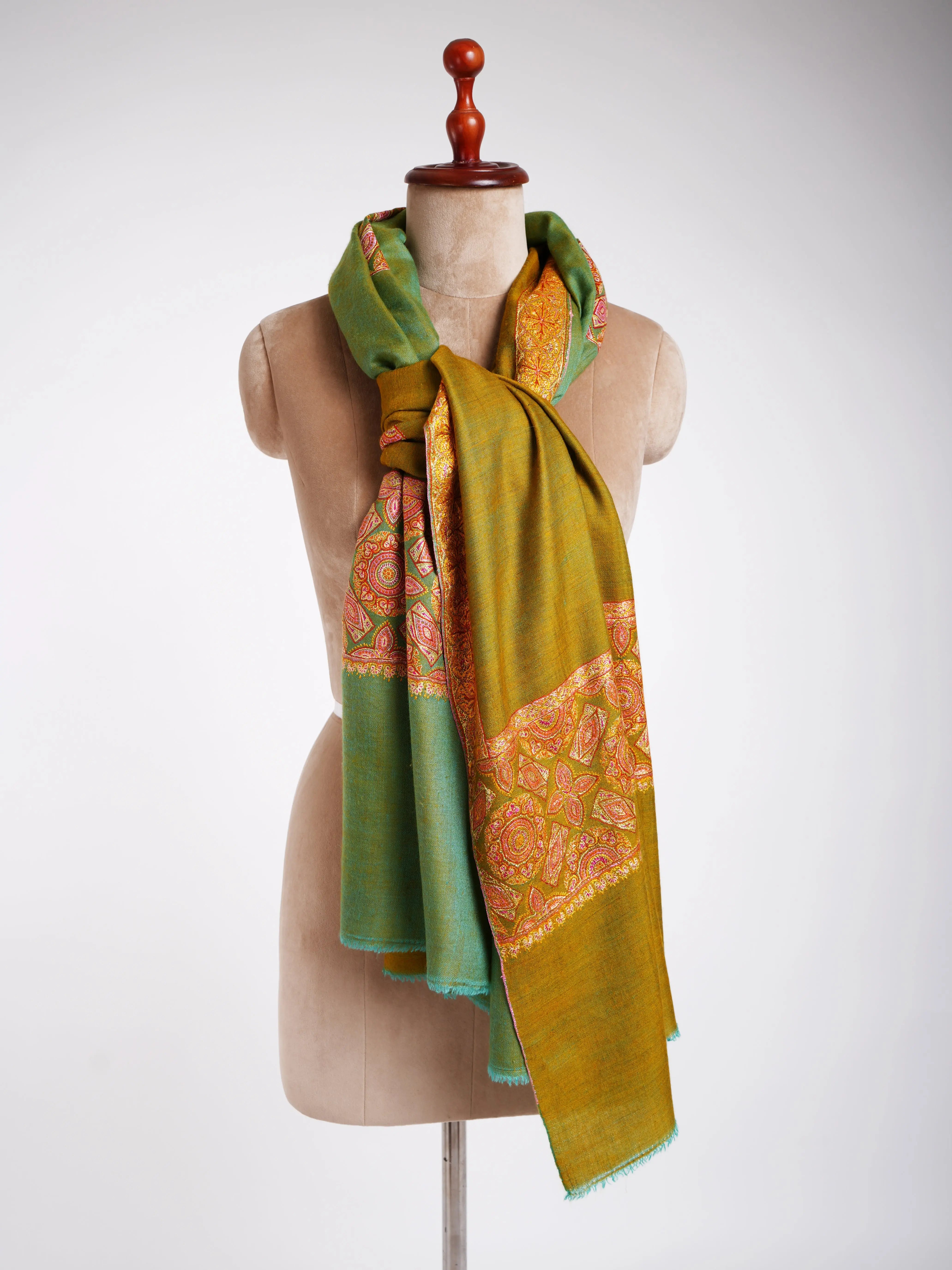 Silk Sozni Dorukha Pashmina Shawl Green Shahkaar