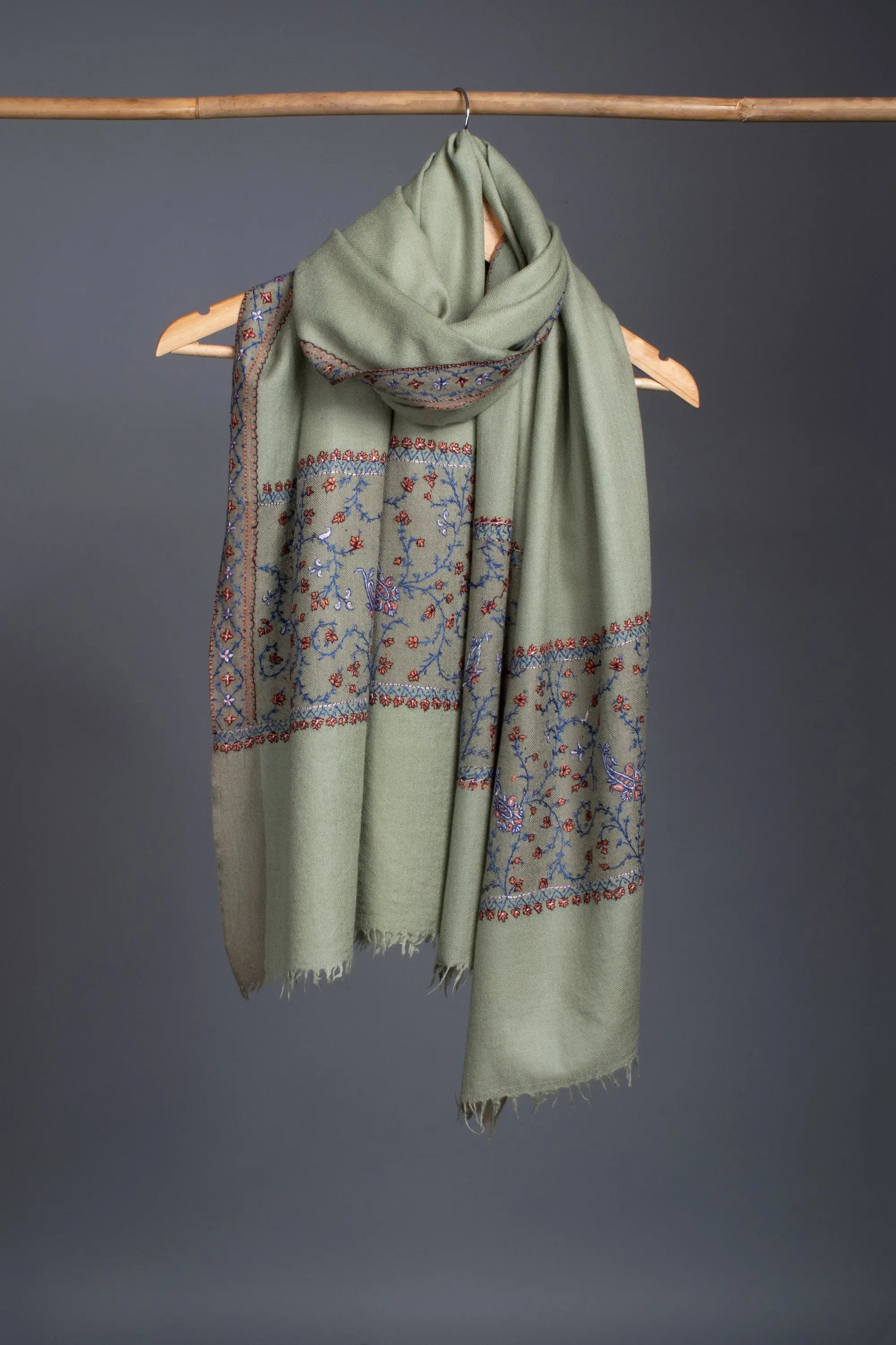 Silk Wool Shawls, Kashmiri Embroidery, Hand Embroidery, Merino Scarves, Green Wraps, Budget Scarves, 28x80" - MAINE Shahkaar