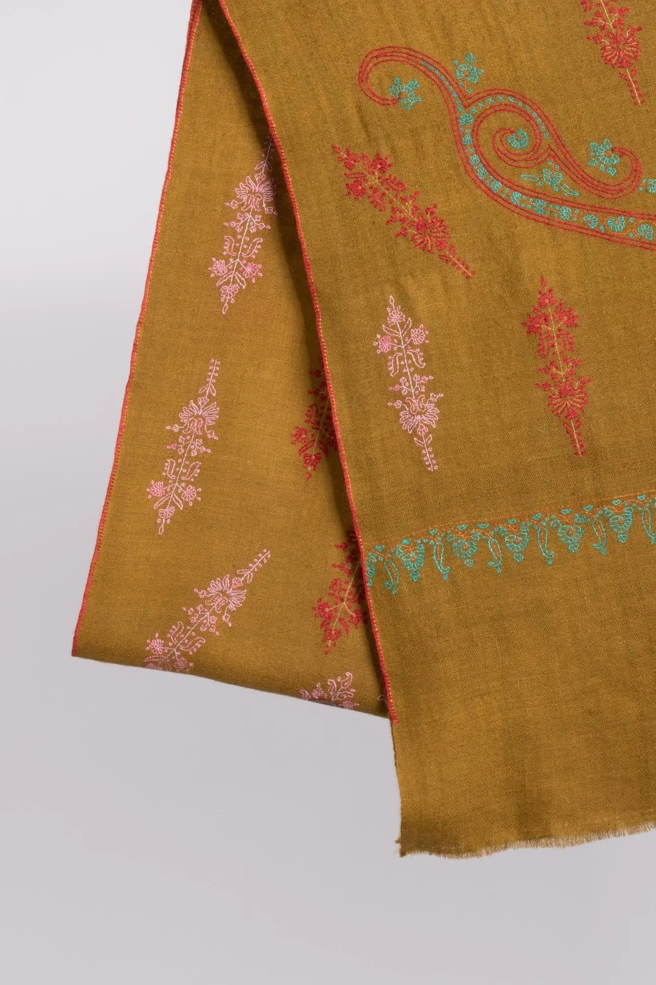 Soft Cashmere Scarf in Golden with Sozni Embroidery - MAJOR Shahkaar