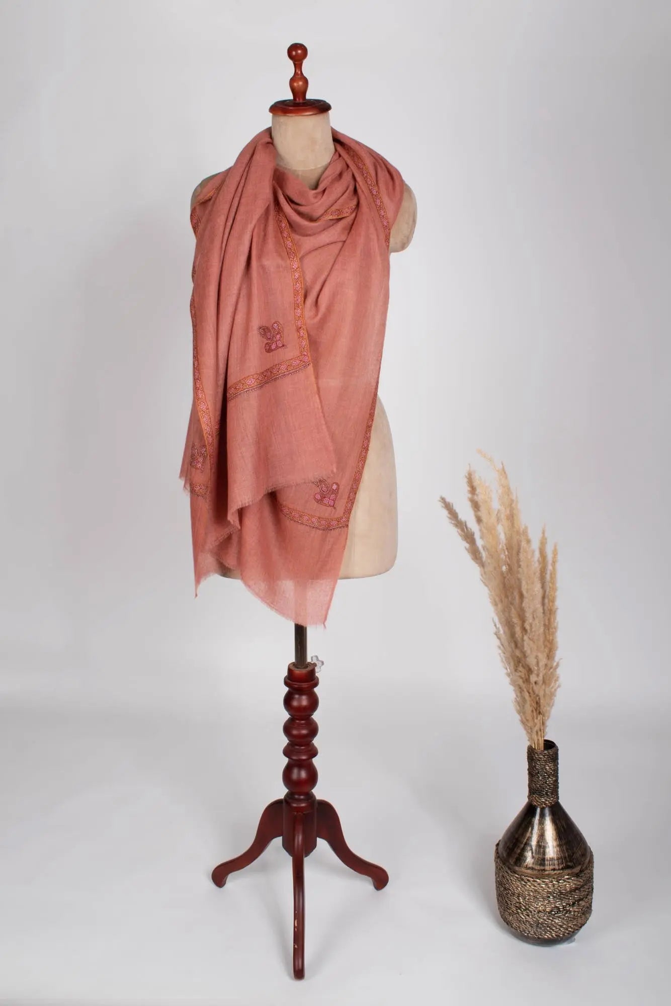 Soft Cashmere Scarf in Peach with Hashia Hand Embroidery - DOTHAN Shahkaar