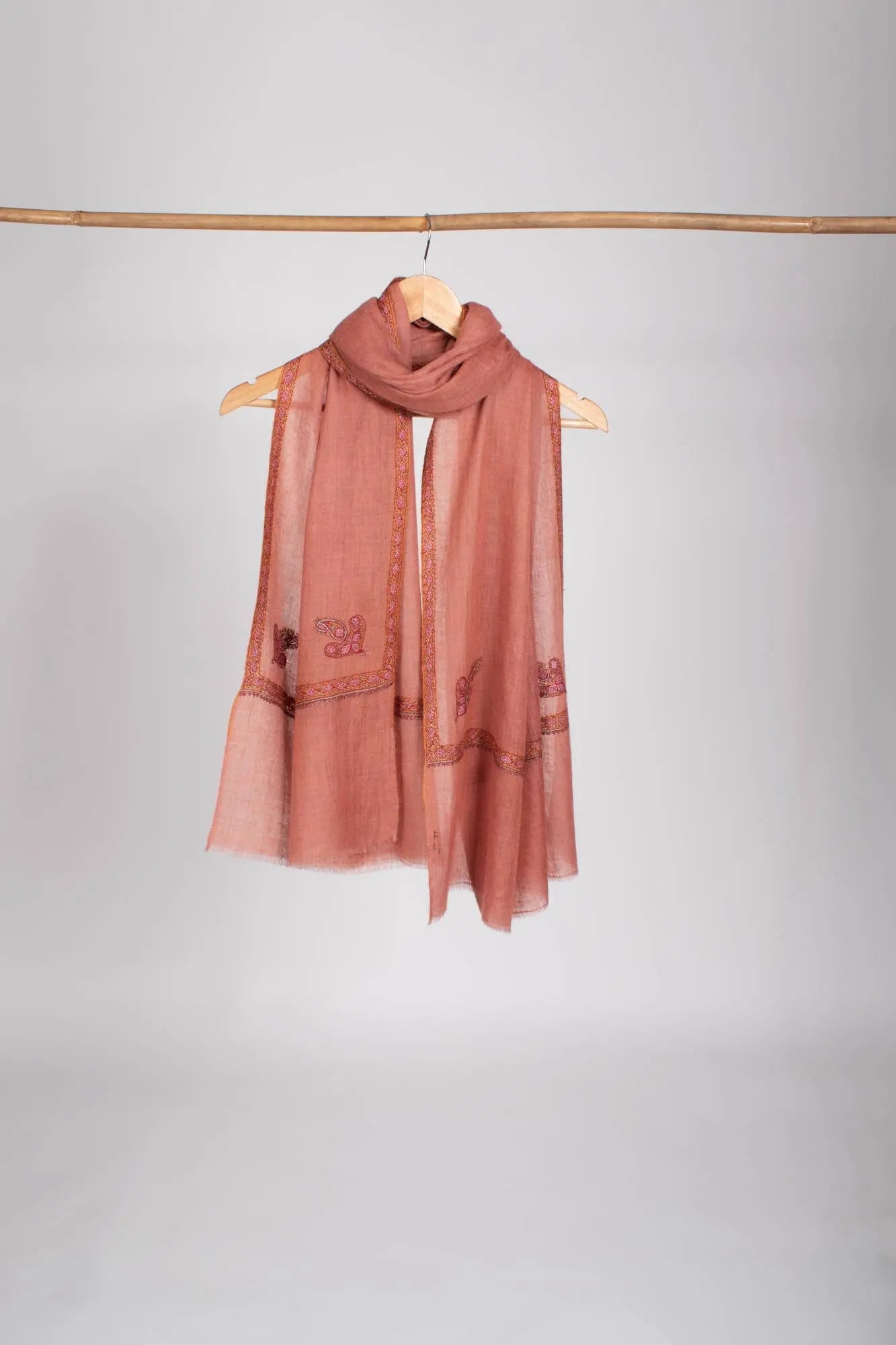 Soft Cashmere Scarf in Peach with Hashia Hand Embroidery - DOTHAN Shahkaar