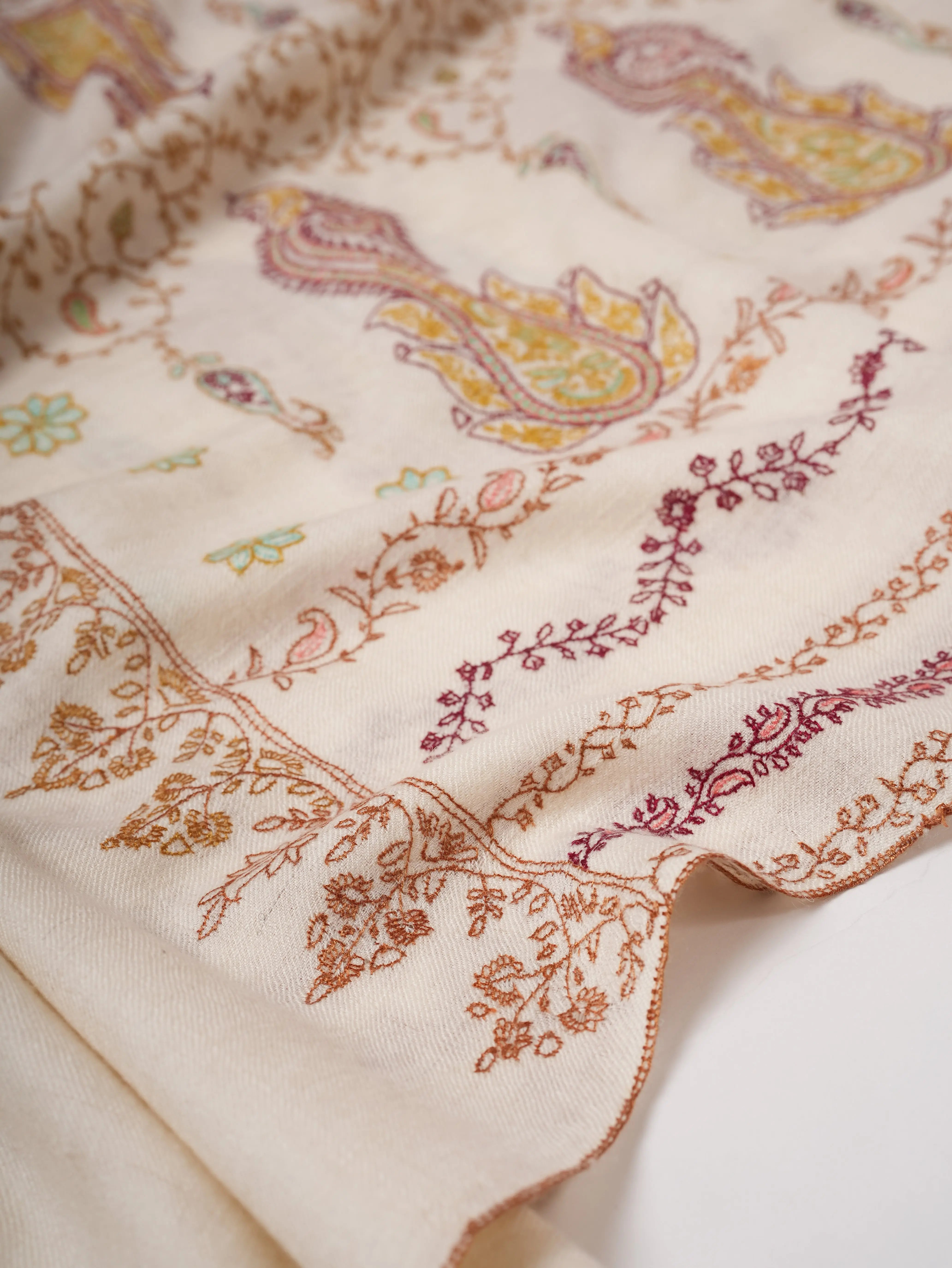 Soft Ivory Cashmere Scarf with Fine Embroidered Detailing Shahkaar