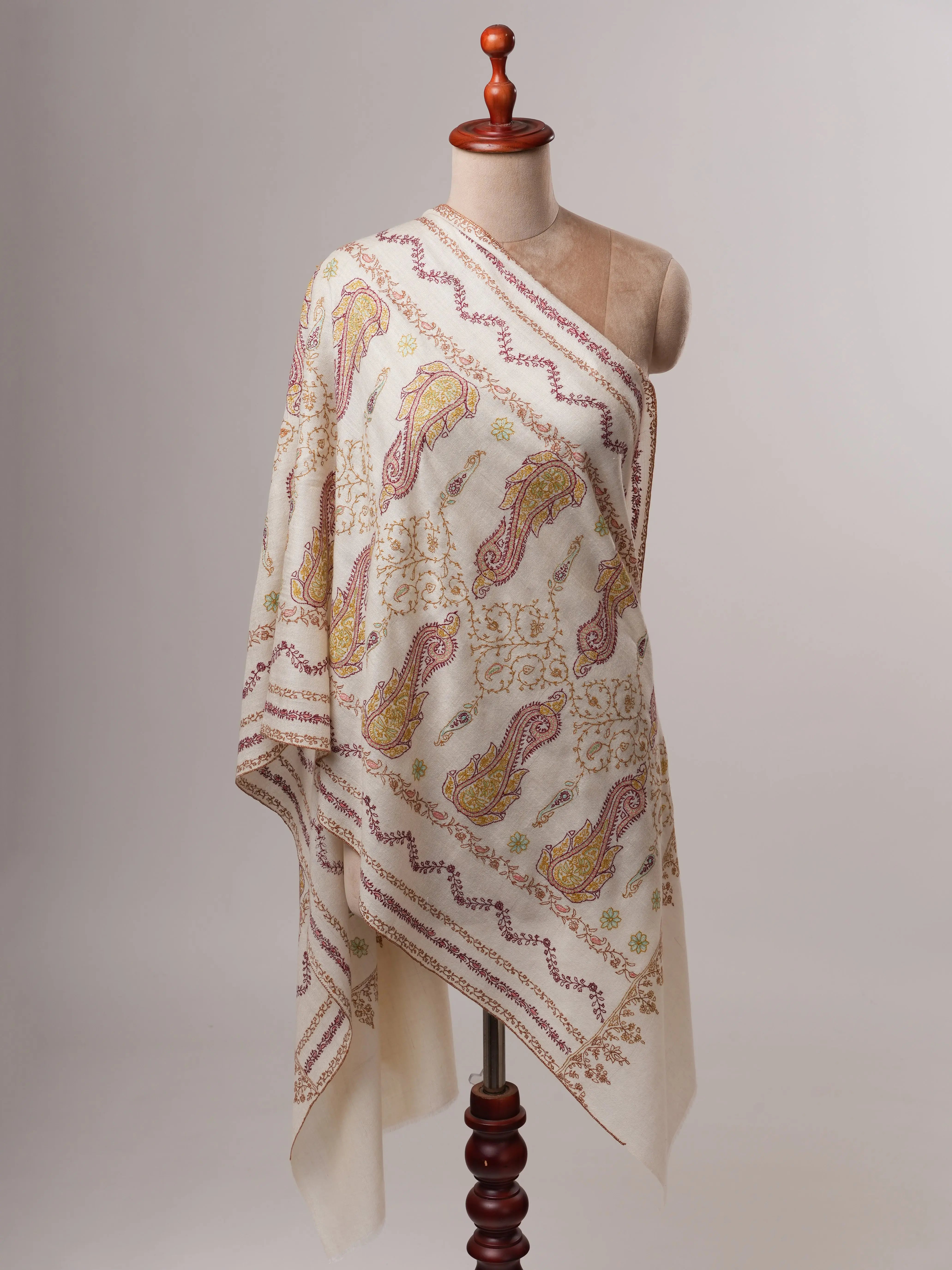 Soft Ivory Cashmere Scarf with Fine Embroidered Detailing Shahkaar