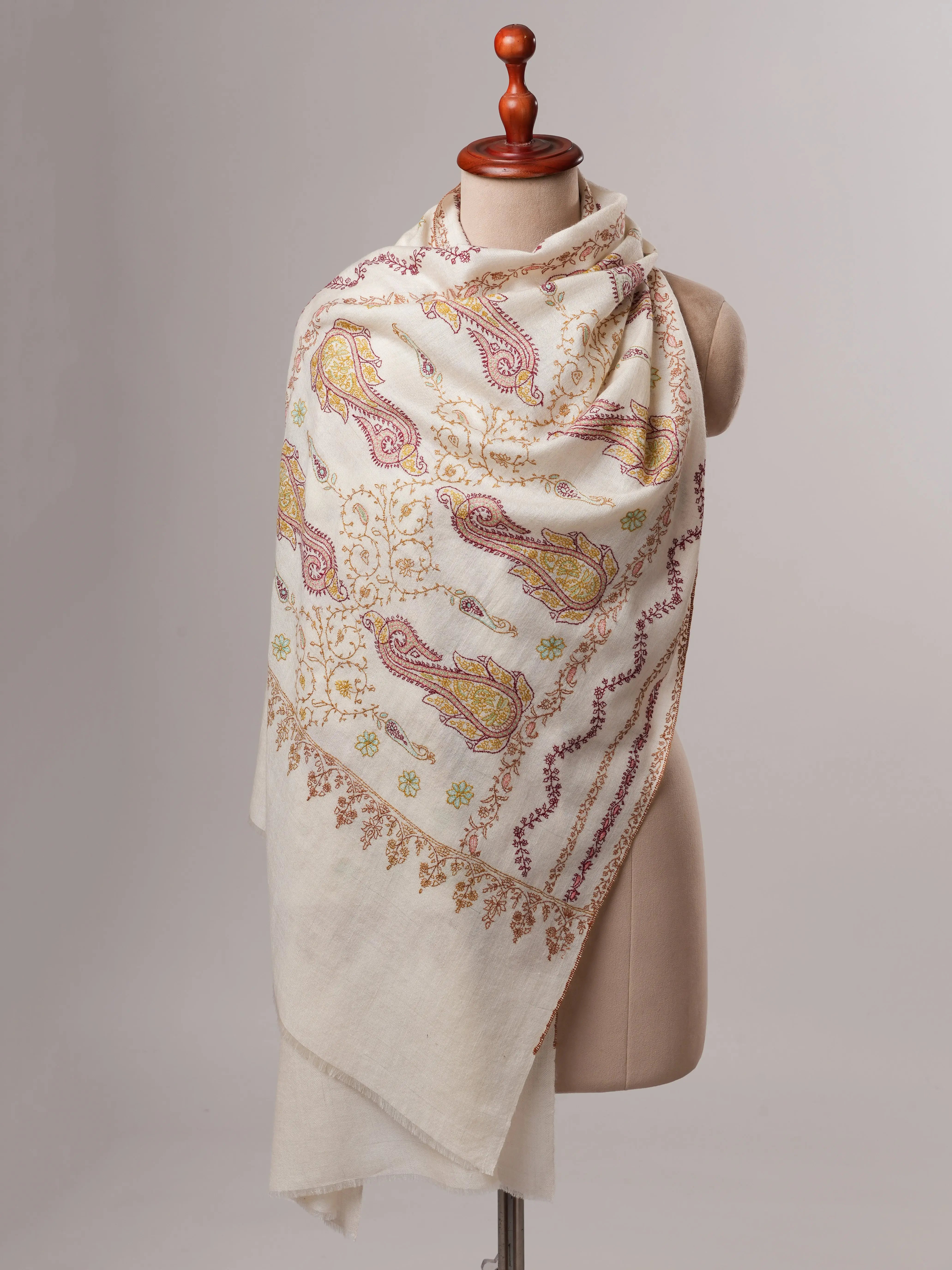 Soft Ivory Cashmere Scarf with Fine Embroidered Detailing Shahkaar