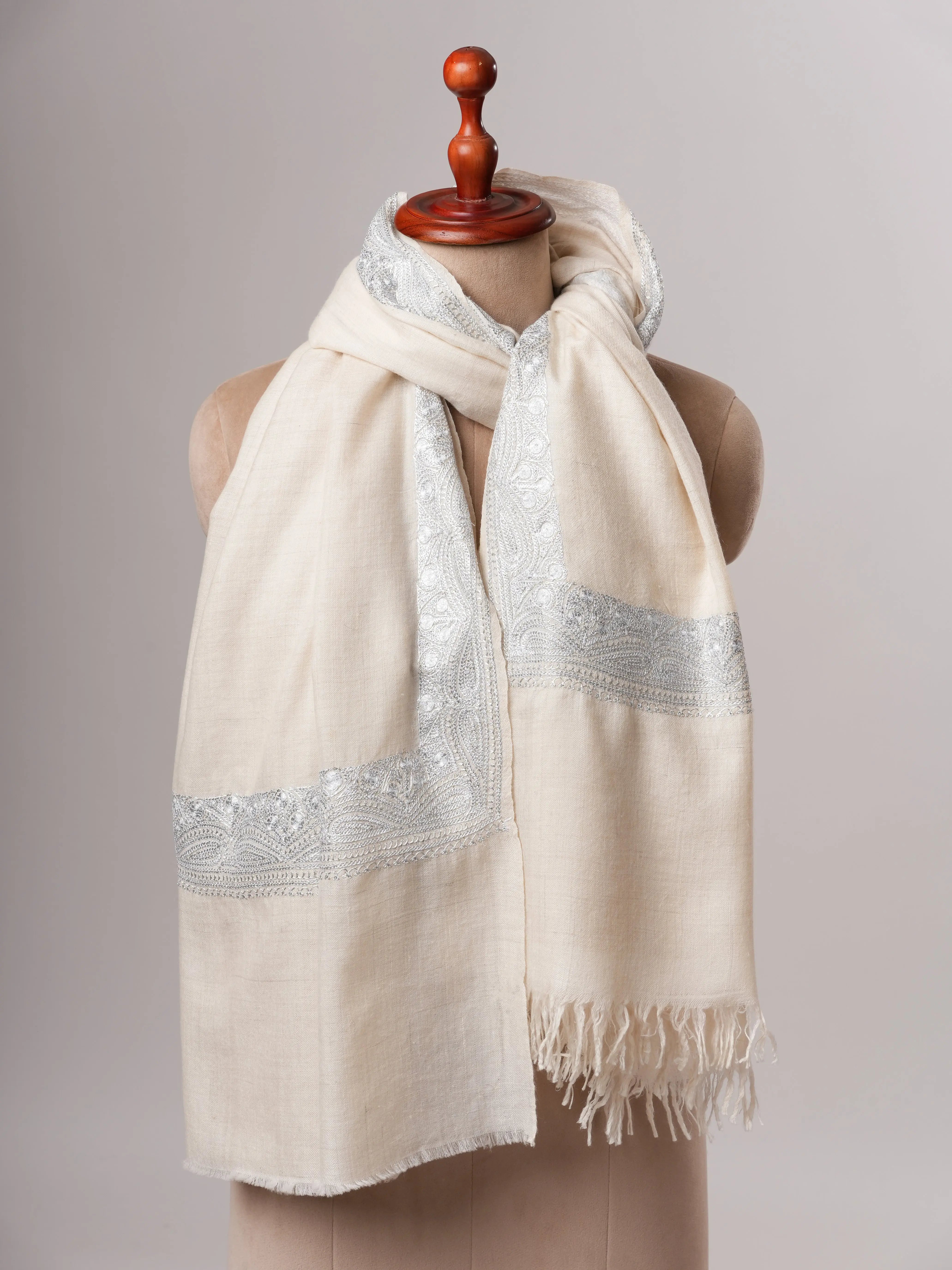 Soft Ivory Kashmiri Pashmina with Classic Silver Daurdaar Tilla Work Shahkaar