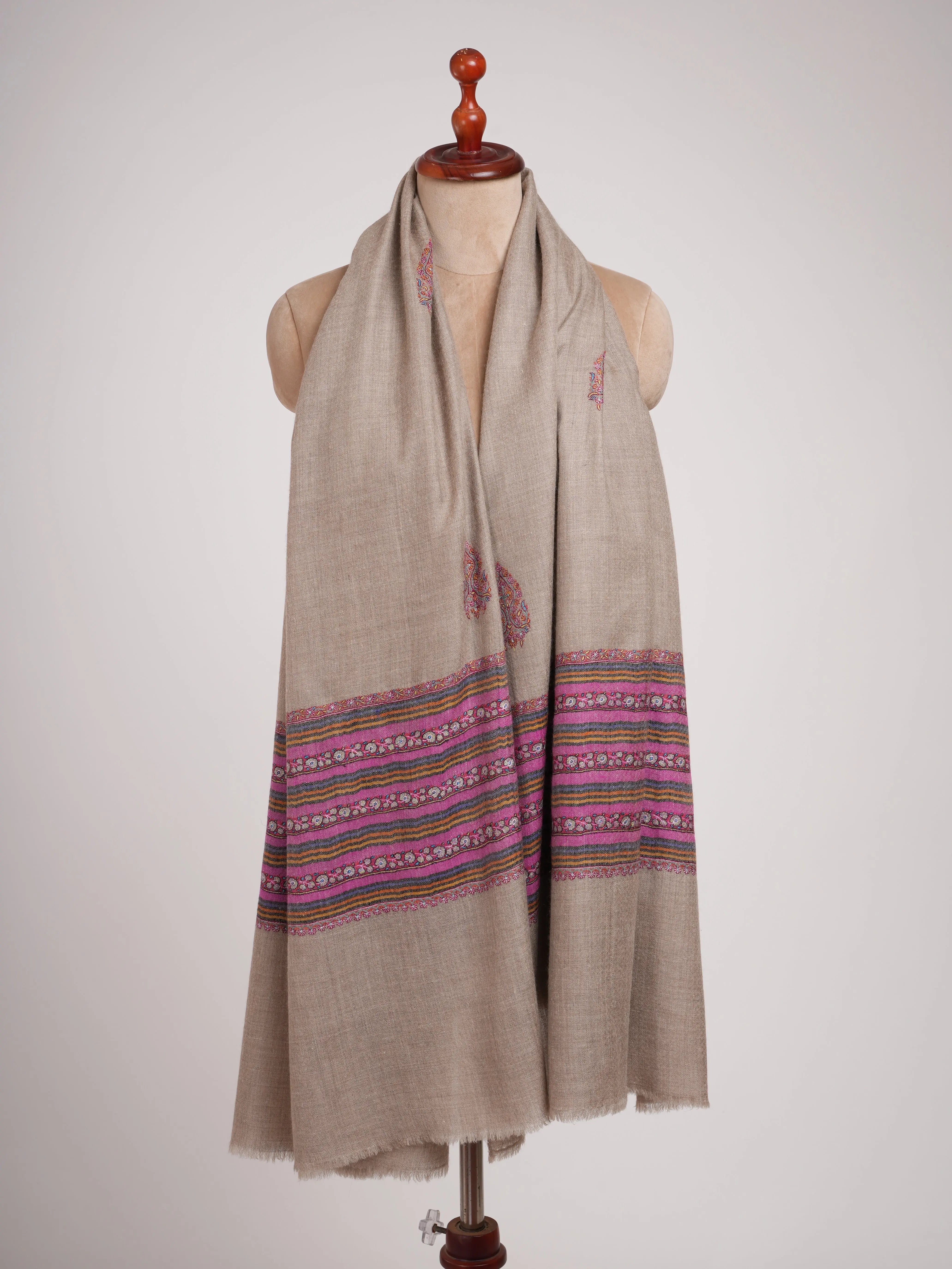 Soft Natural Grey Pashmina Shawl with Palla Embroidery Shahkaar