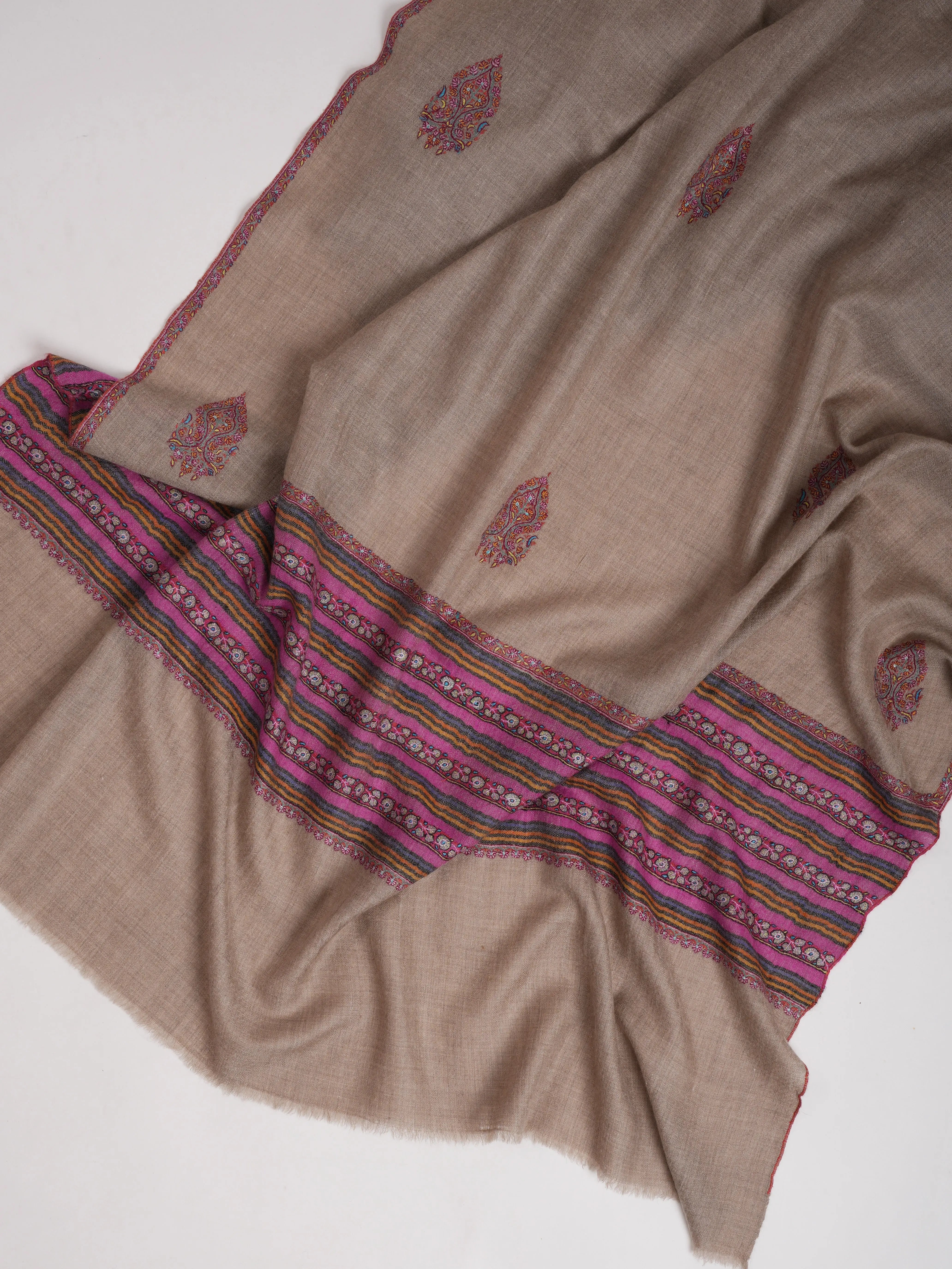 Soft Natural Grey Pashmina Shawl with Palla Embroidery Shahkaar