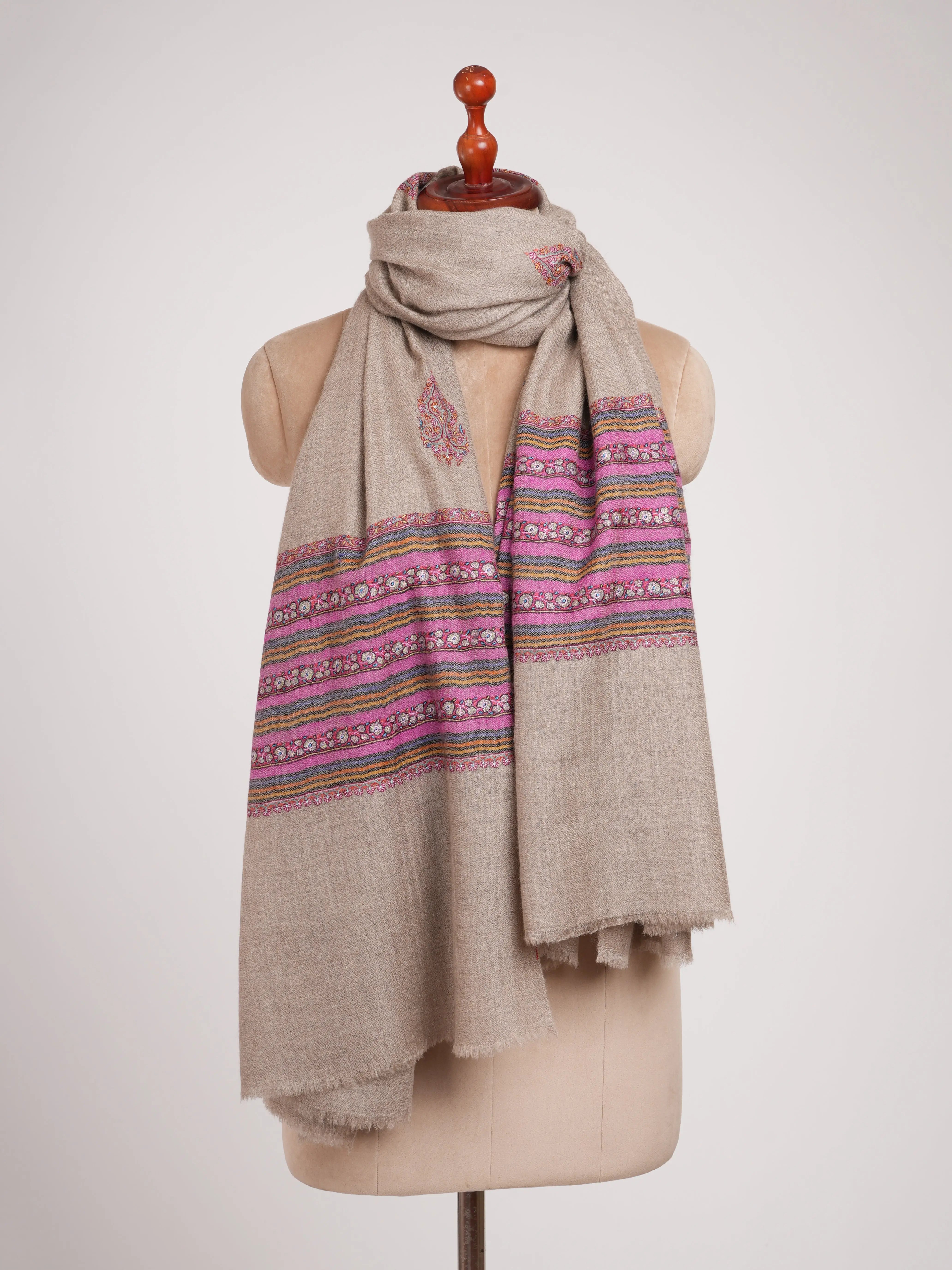 Soft Natural Grey Pashmina Shawl with Palla Embroidery Shahkaar
