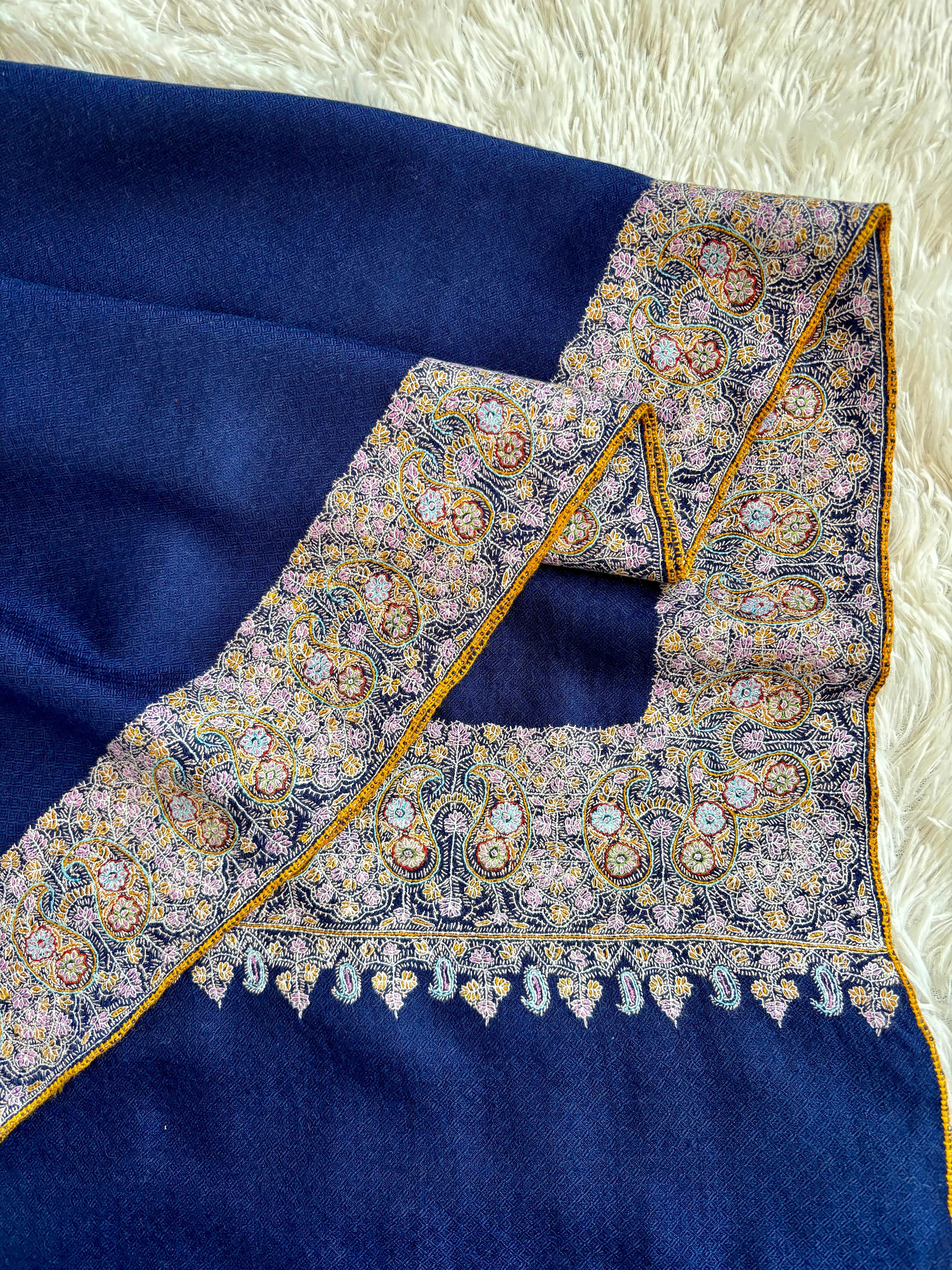 Soft Pashmina Wrap in Navy Blue with Daur Embroidery - BRECON Shahkaar