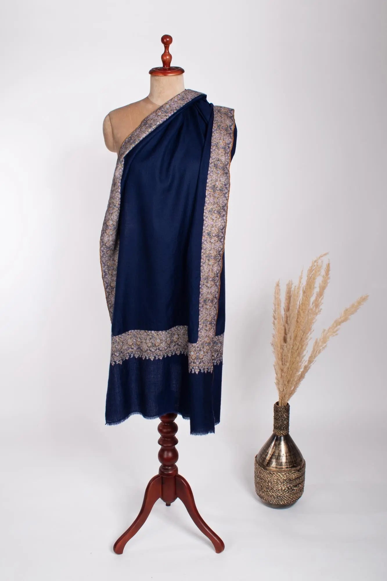 Soft Pashmina Wrap in Navy Blue with Daur Embroidery - BRECON Shahkaar