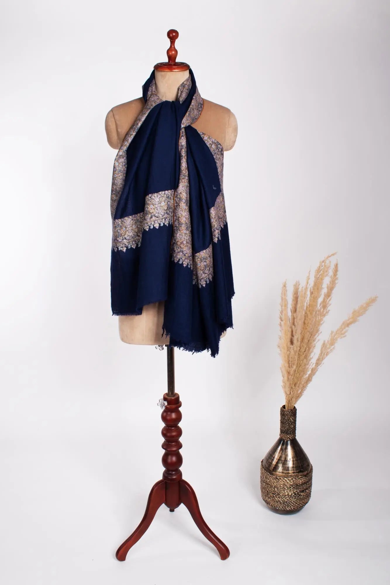 Soft Pashmina Wrap in Navy Blue with Daur Embroidery - BRECON Shahkaar