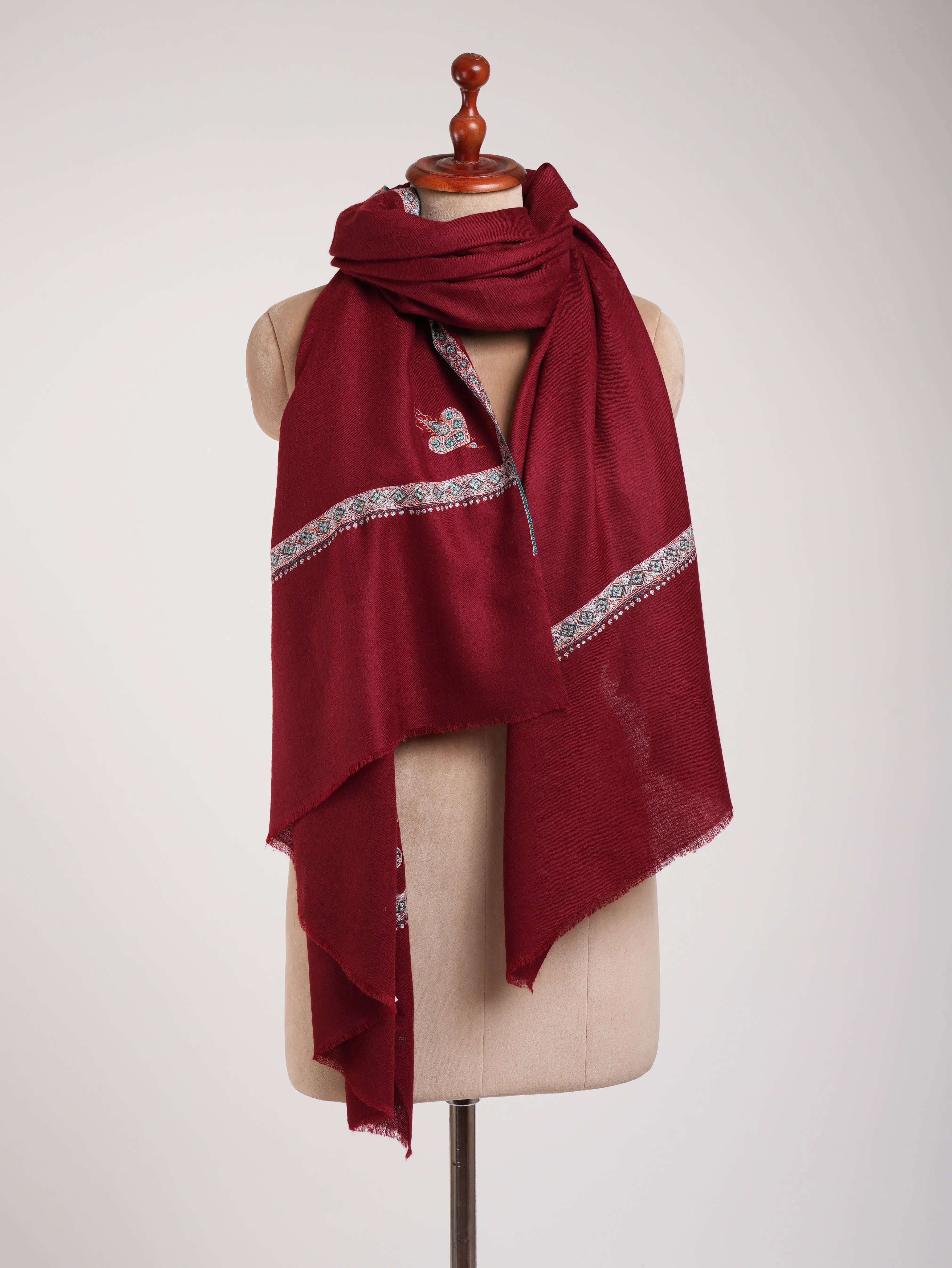Sozni Embroidered Handmade Classic Maroon Pashmina Shawl Shahkaar
