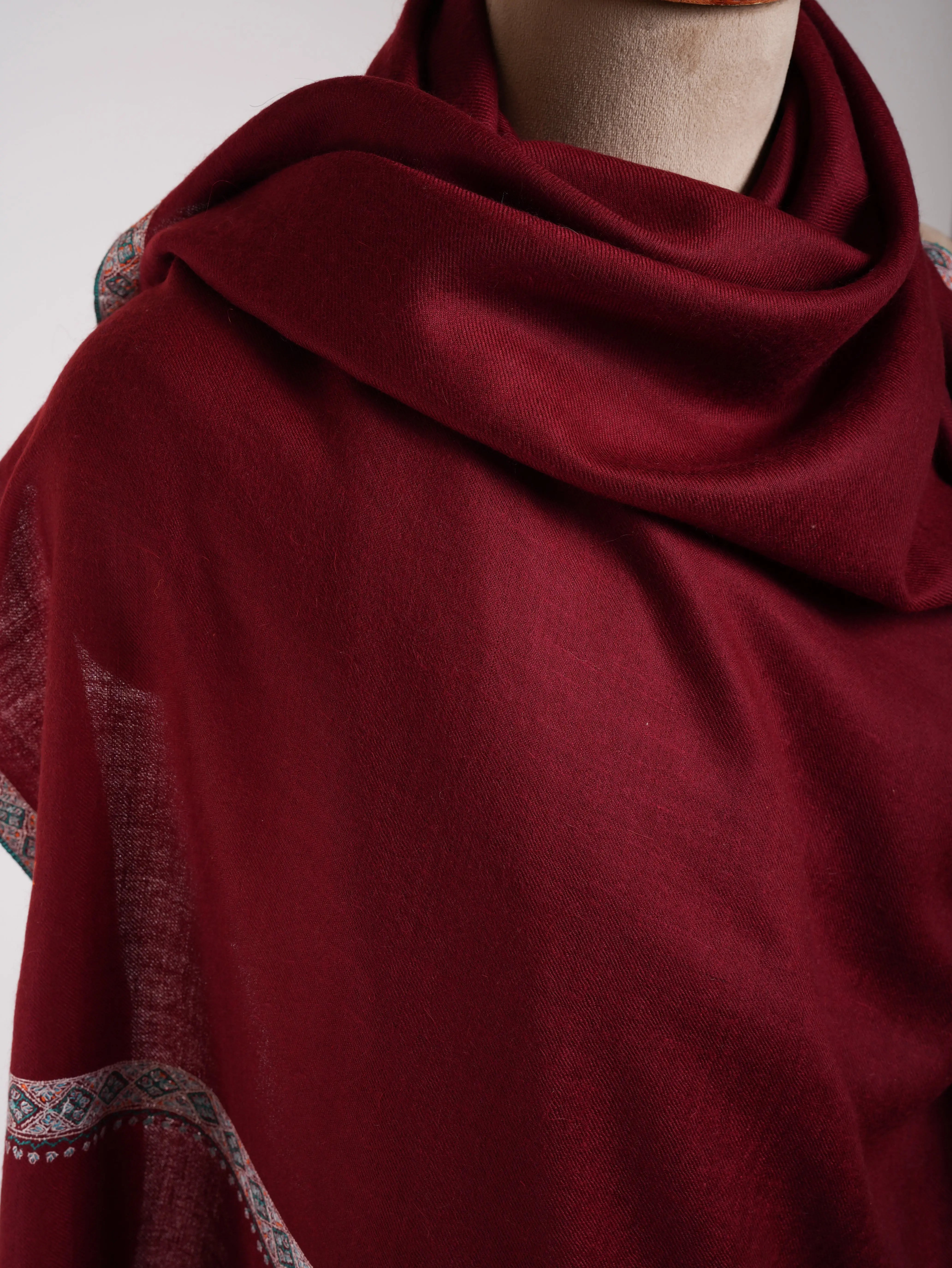 Sozni Embroidered Handmade Classic Maroon Pashmina Shawl Shahkaar