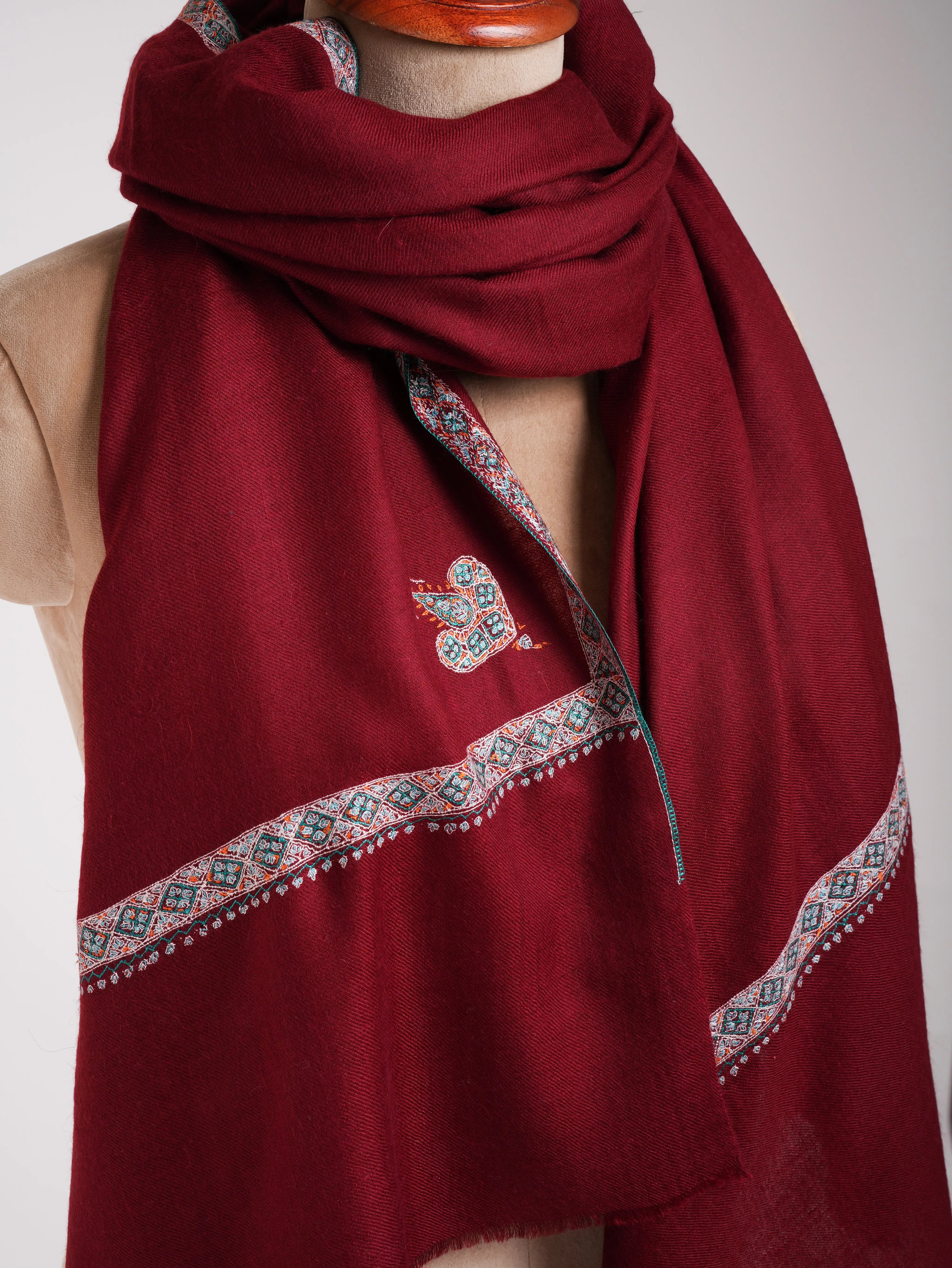 Sozni Embroidered Handmade Classic Maroon Pashmina Shawl Shahkaar