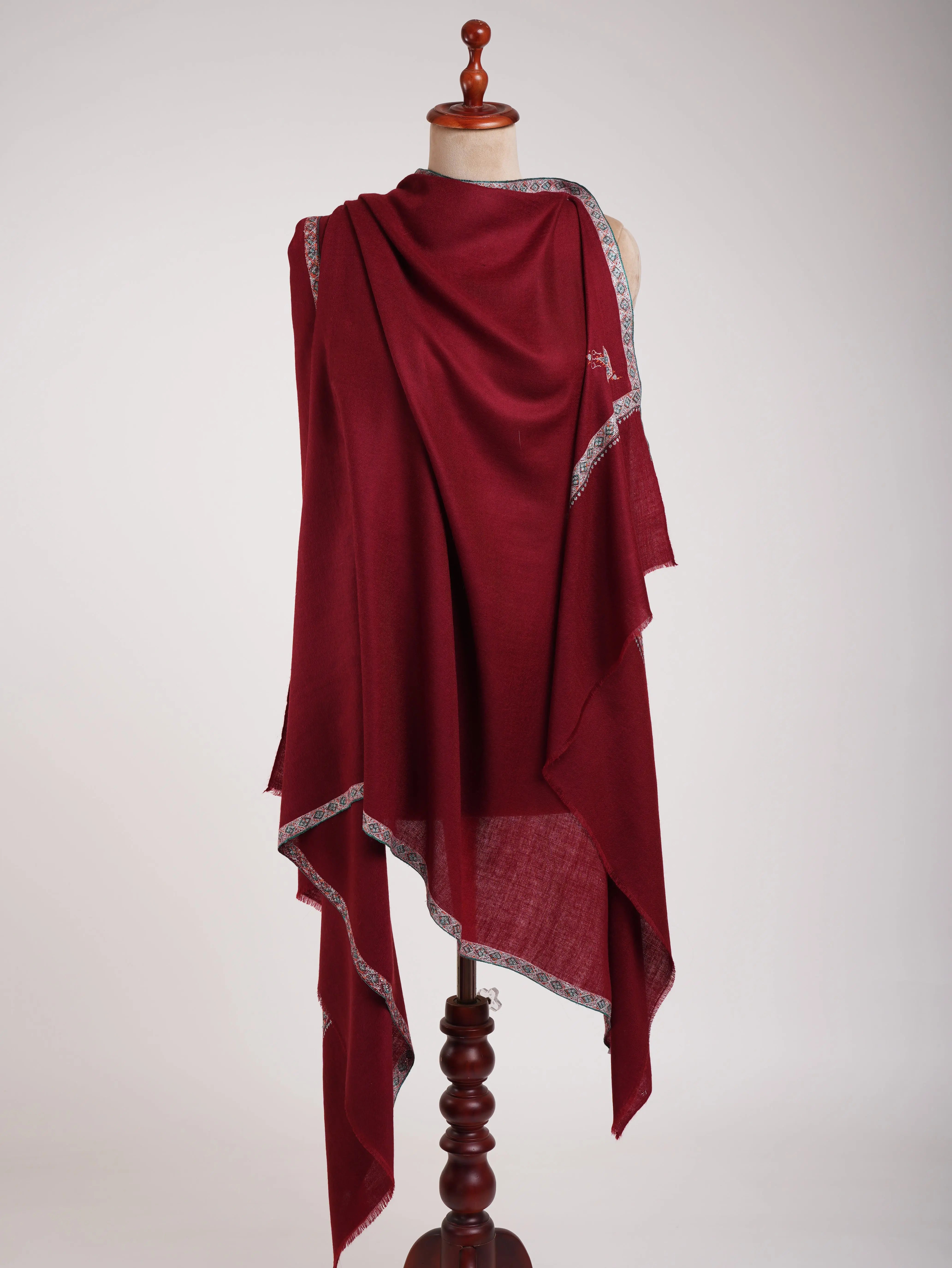 Sozni Embroidered Handmade Classic Maroon Pashmina Shawl Shahkaar