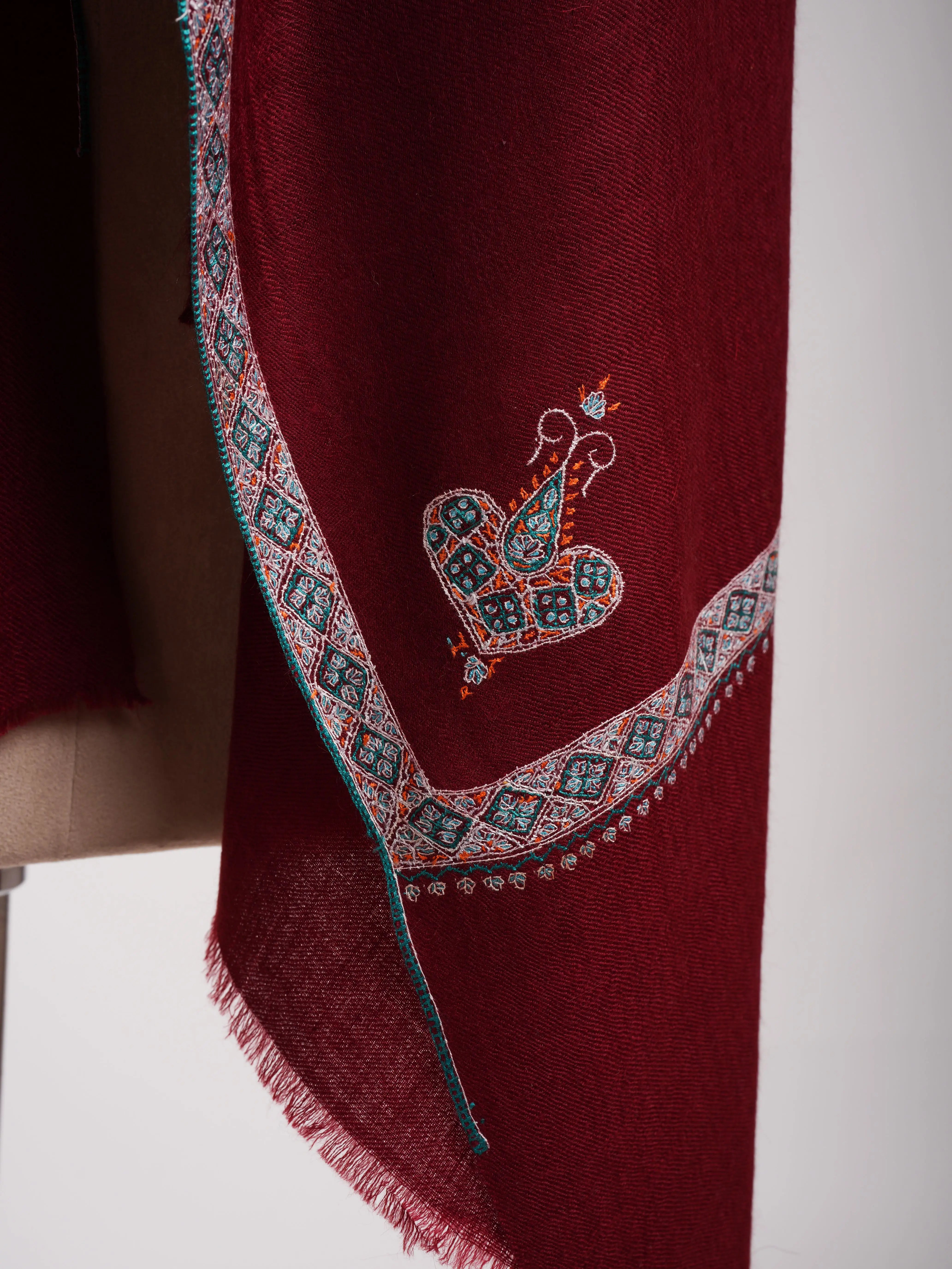 Sozni Embroidered Handmade Classic Maroon Pashmina Shawl Shahkaar