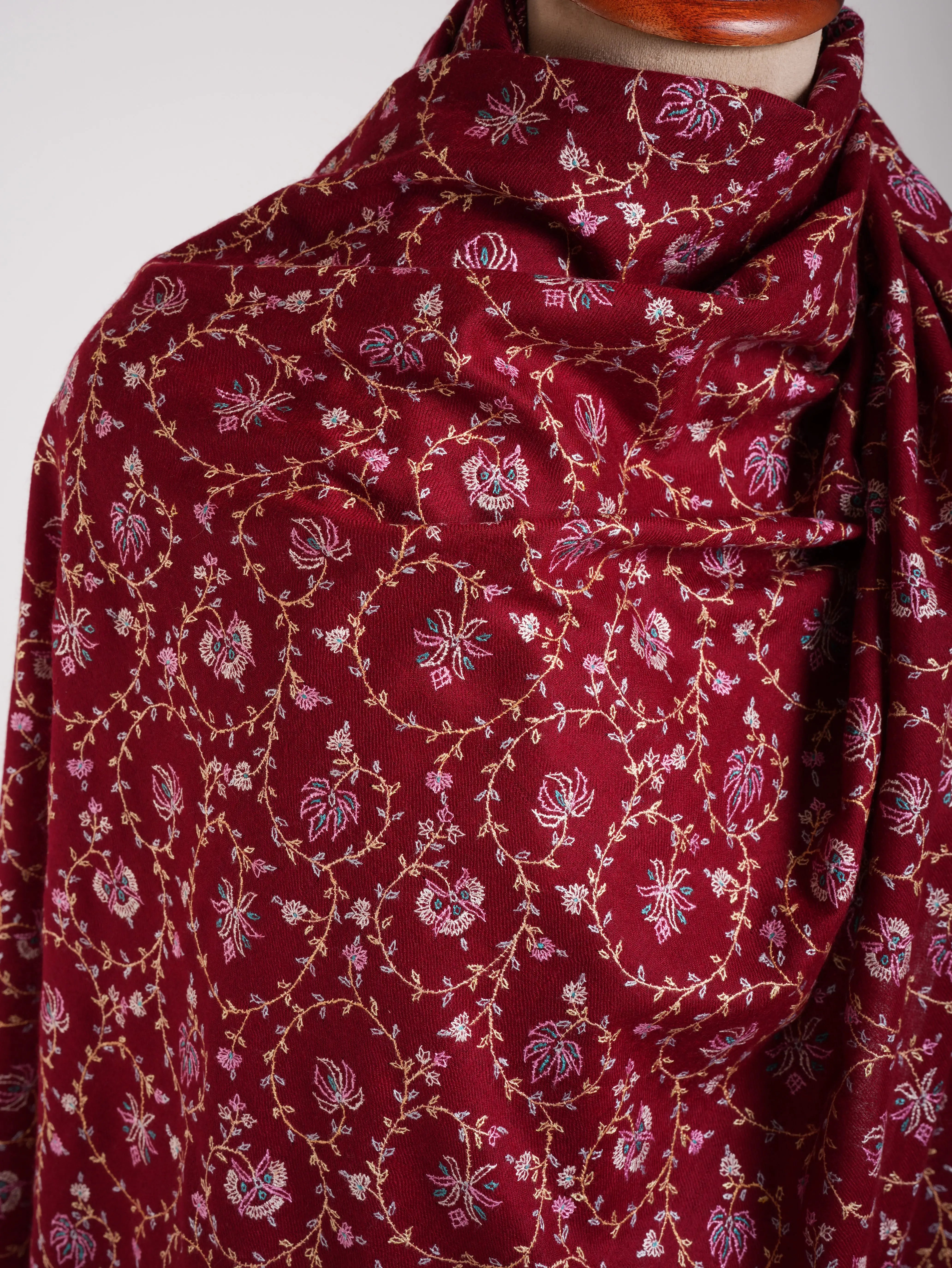 Sozni Embroidered Kashmiri Pashmina Shawl in Maroon Shahkaar