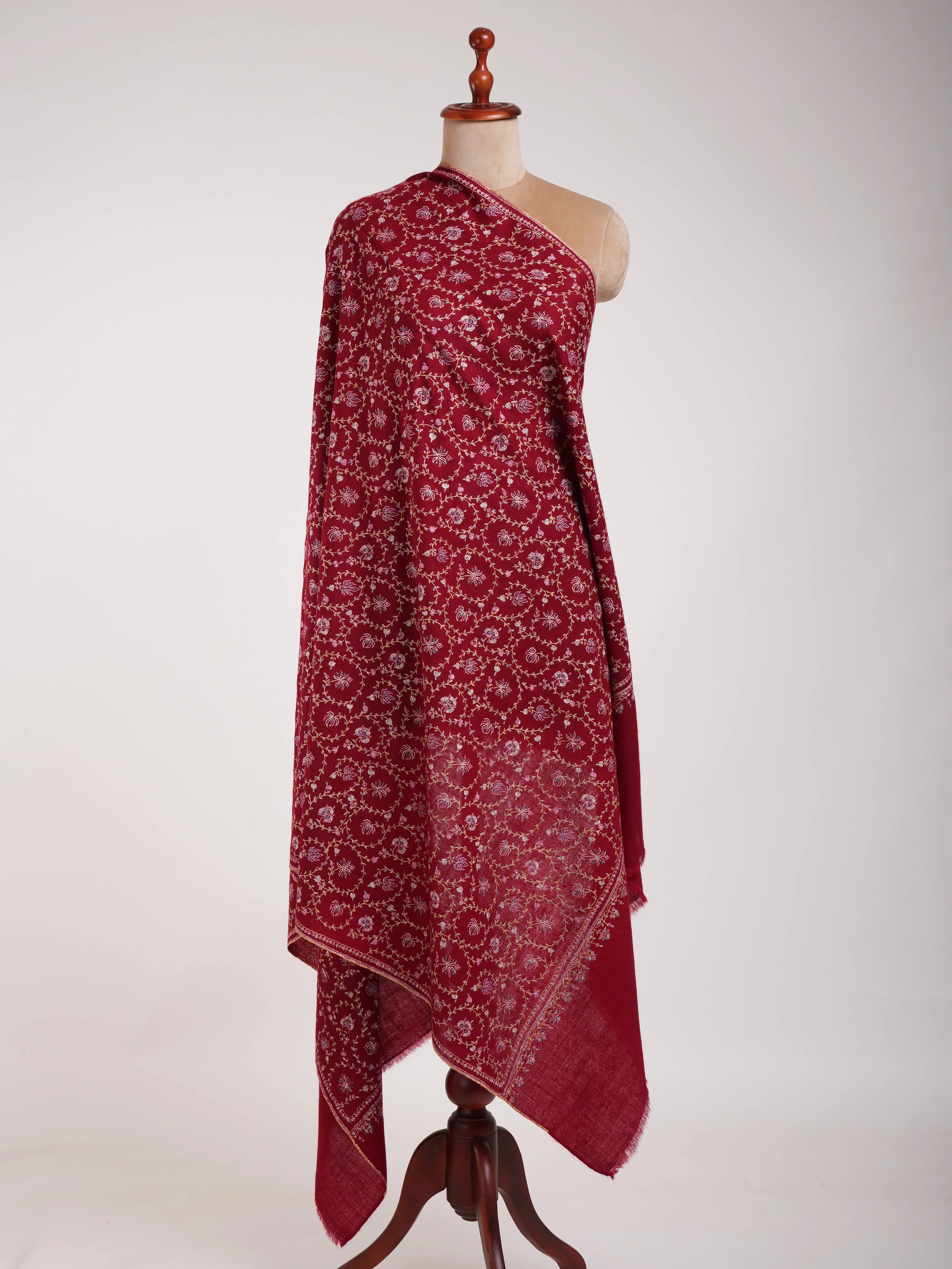 Sozni Embroidered Kashmiri Pashmina Shawl in Maroon Shahkaar