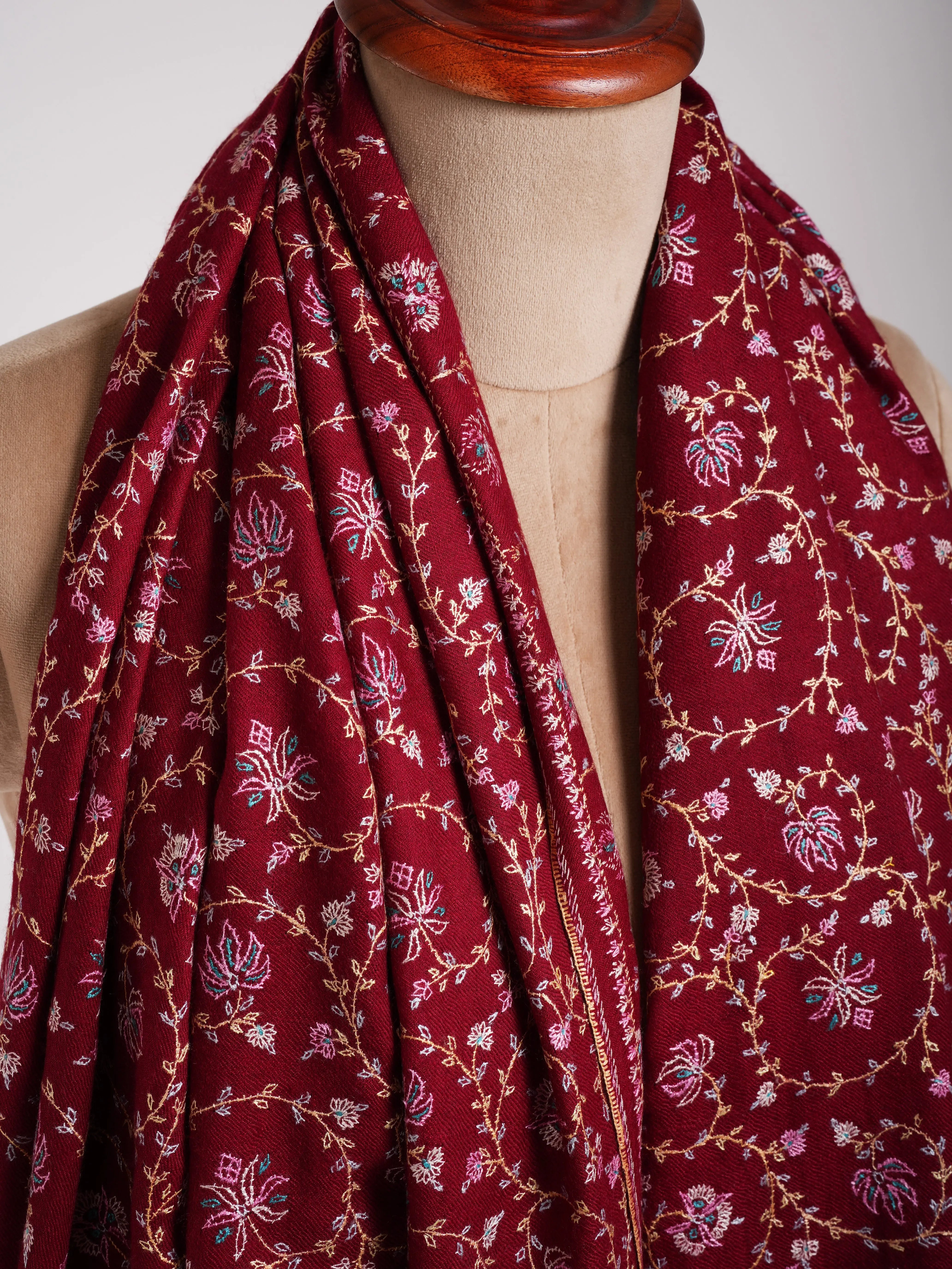 Sozni Embroidered Kashmiri Pashmina Shawl in Maroon Shahkaar