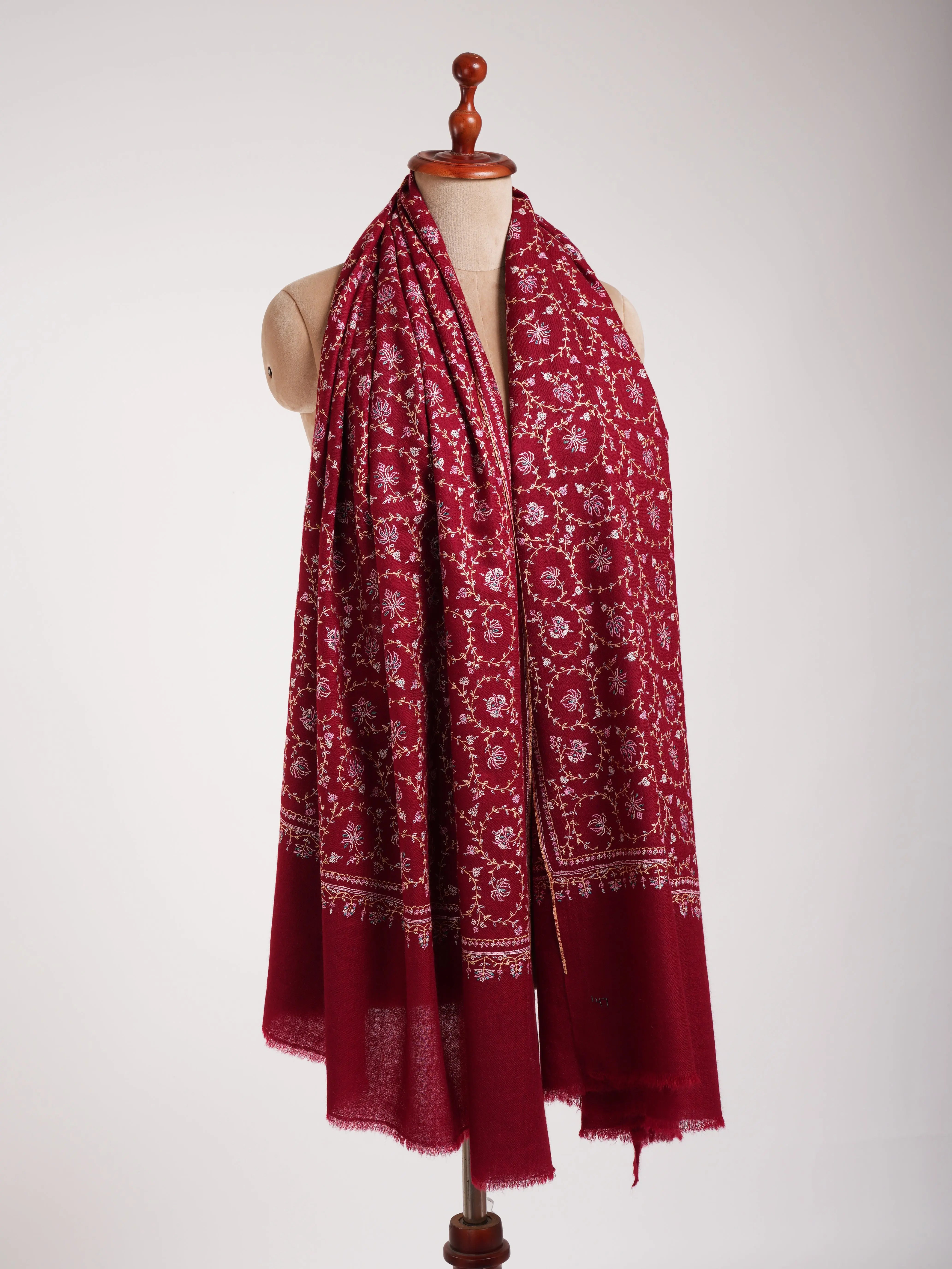 Sozni Embroidered Kashmiri Pashmina Shawl in Maroon Shahkaar