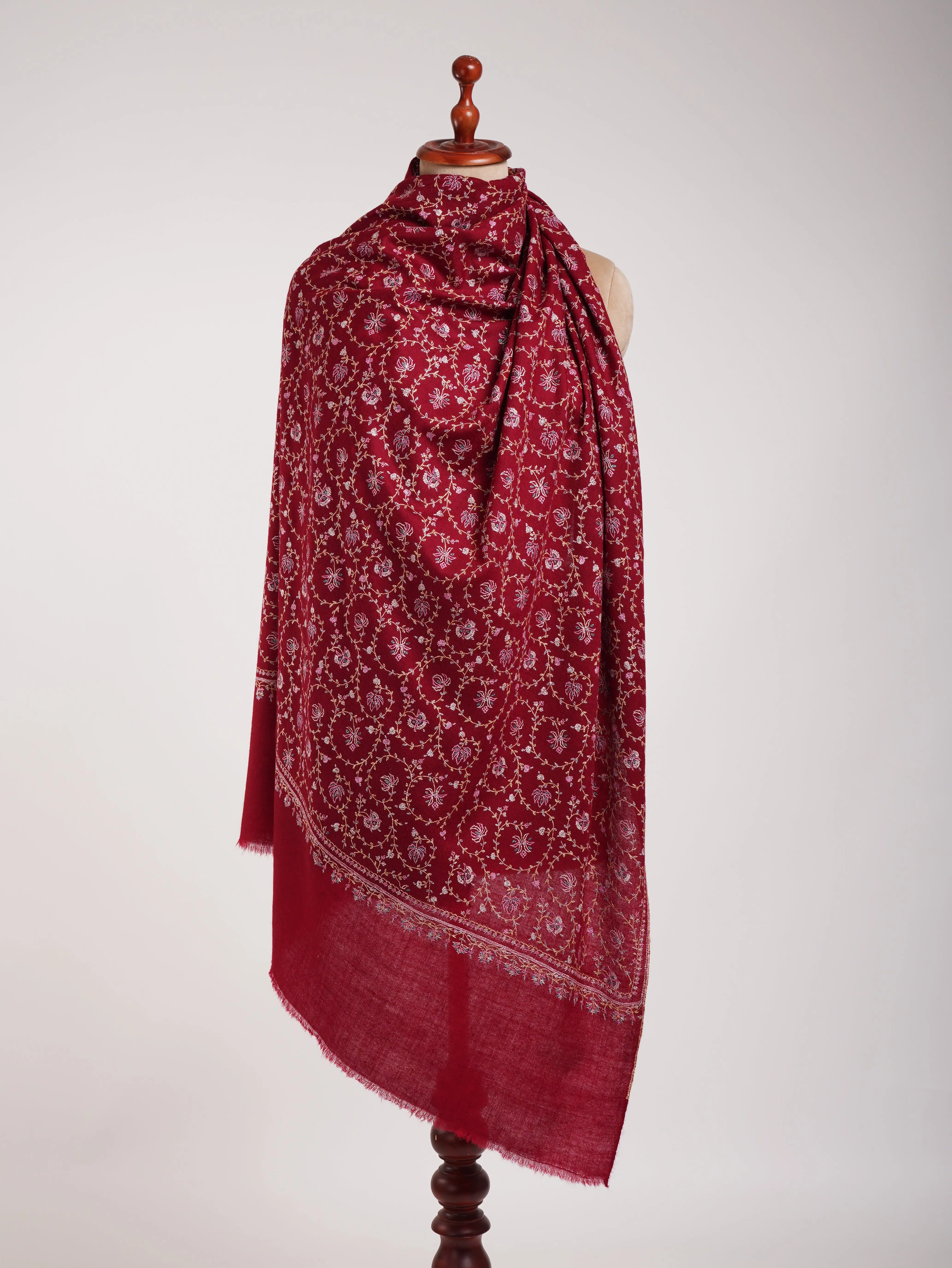 Sozni Embroidered Kashmiri Pashmina Shawl in Maroon Shahkaar