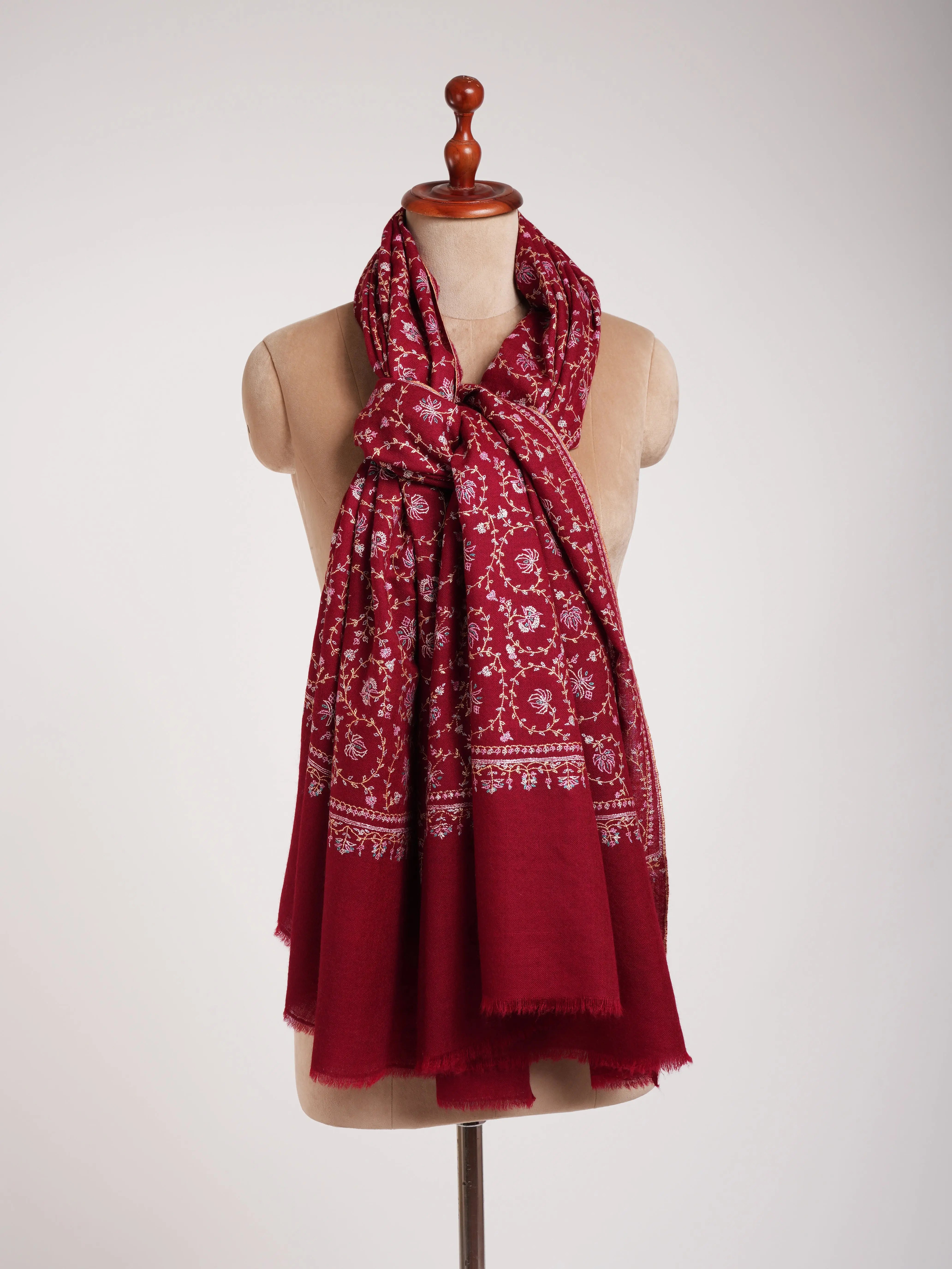 Sozni Embroidered Kashmiri Pashmina Shawl in Maroon Shahkaar