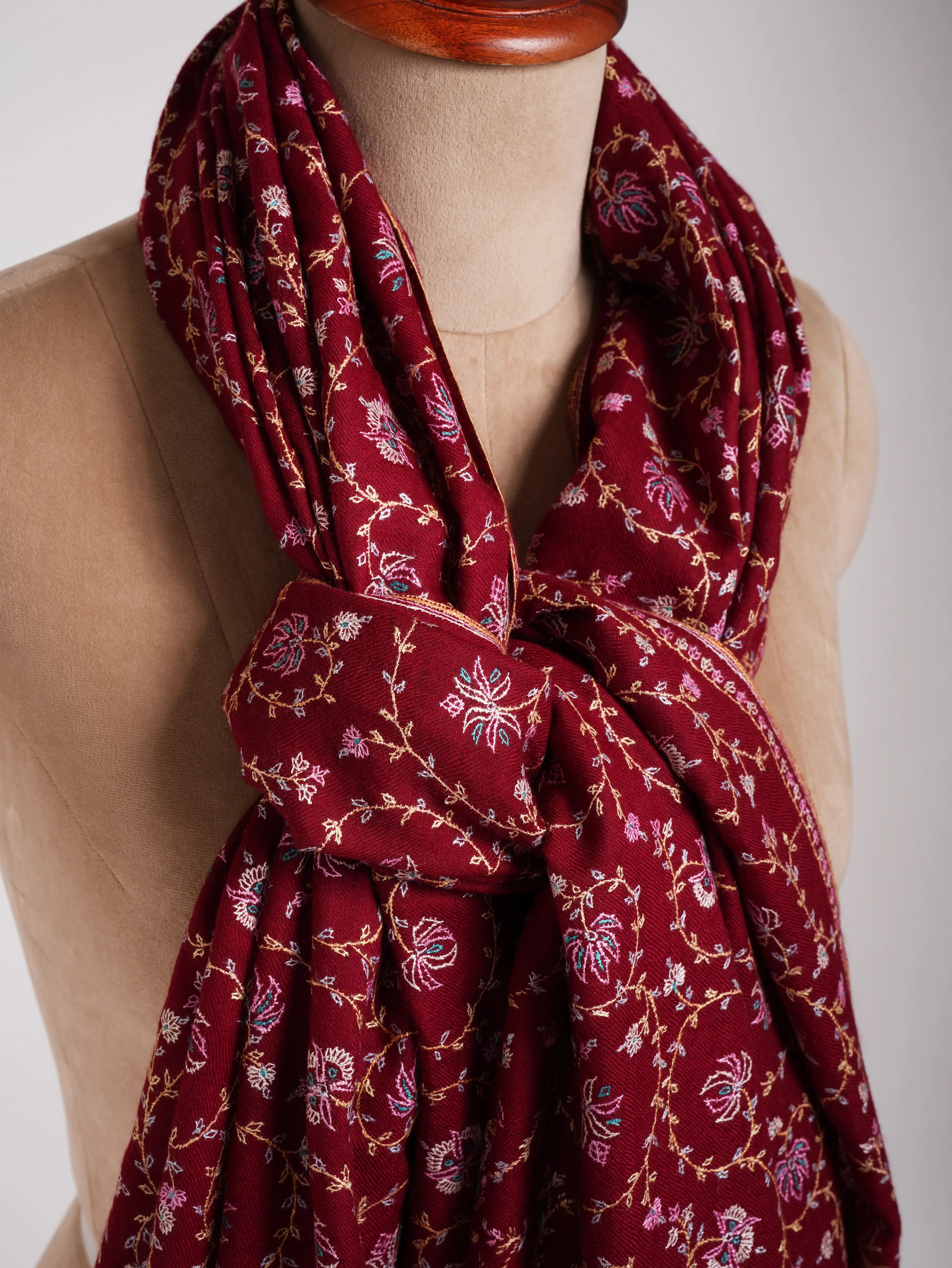 Sozni Embroidered Kashmiri Pashmina Shawl in Maroon Shahkaar