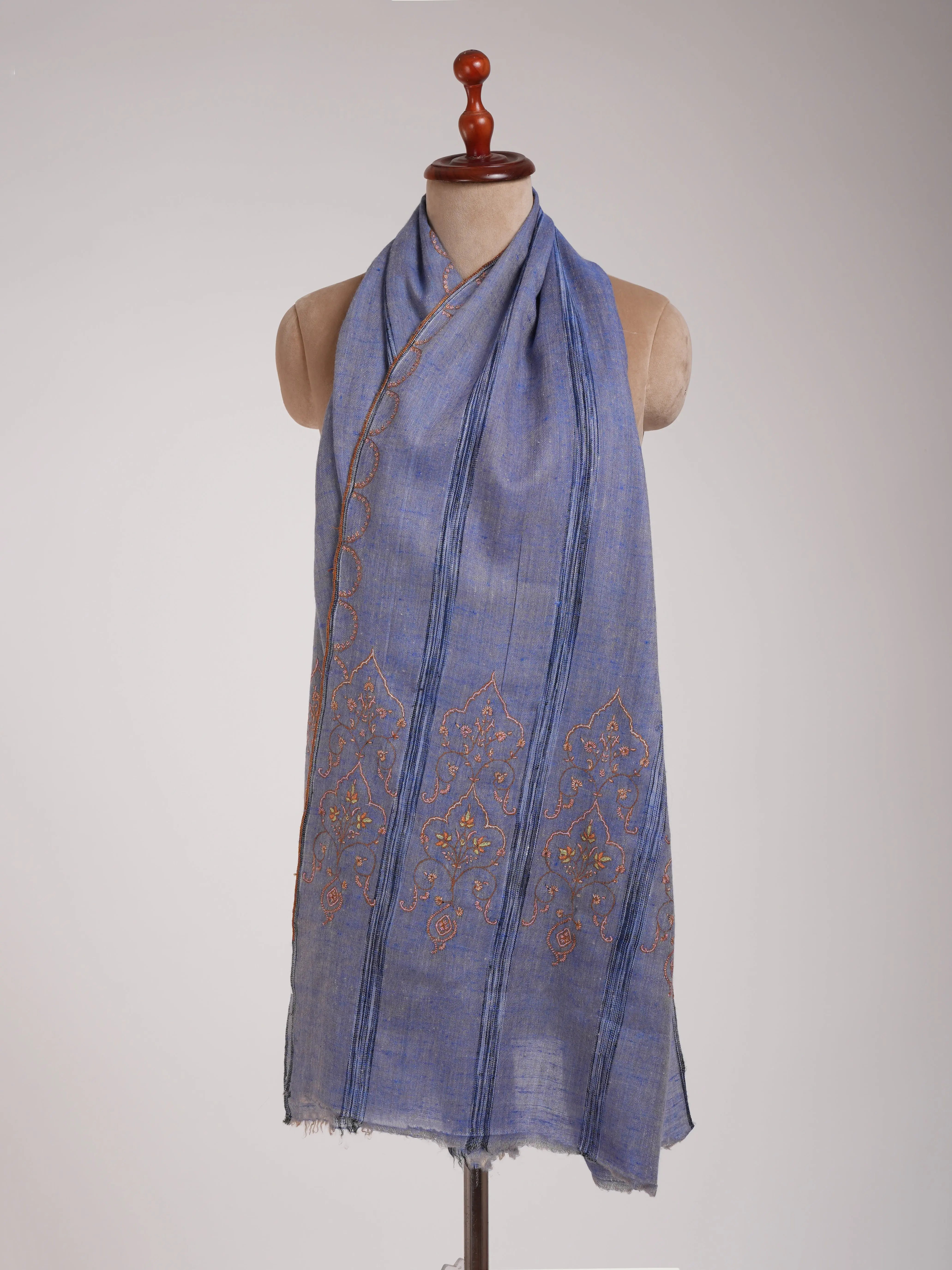 Sozni Embroidered Marina Blue Indian Cashmere Scarf Shahkaar