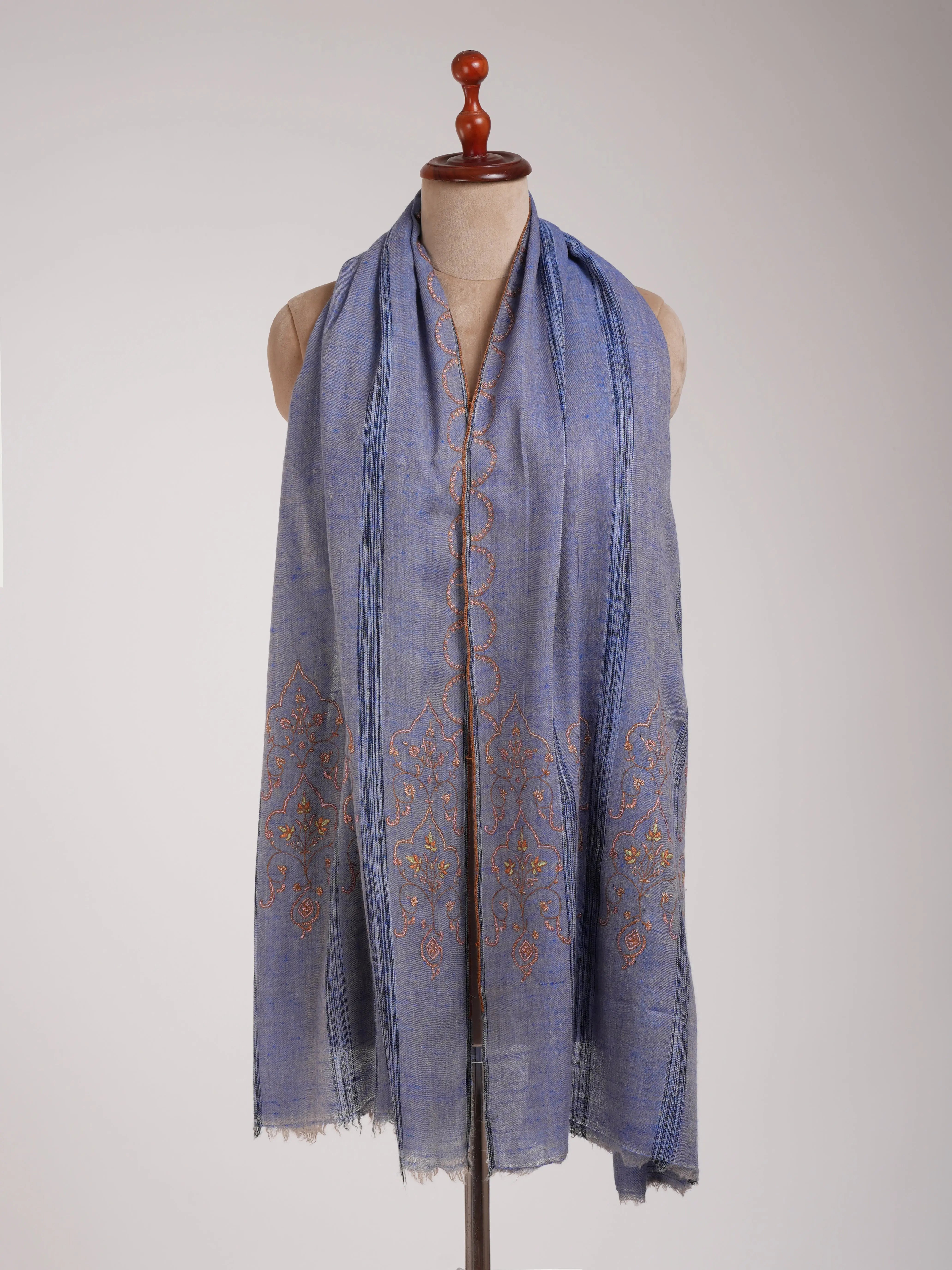Sozni Embroidered Marina Blue Indian Cashmere Scarf Shahkaar