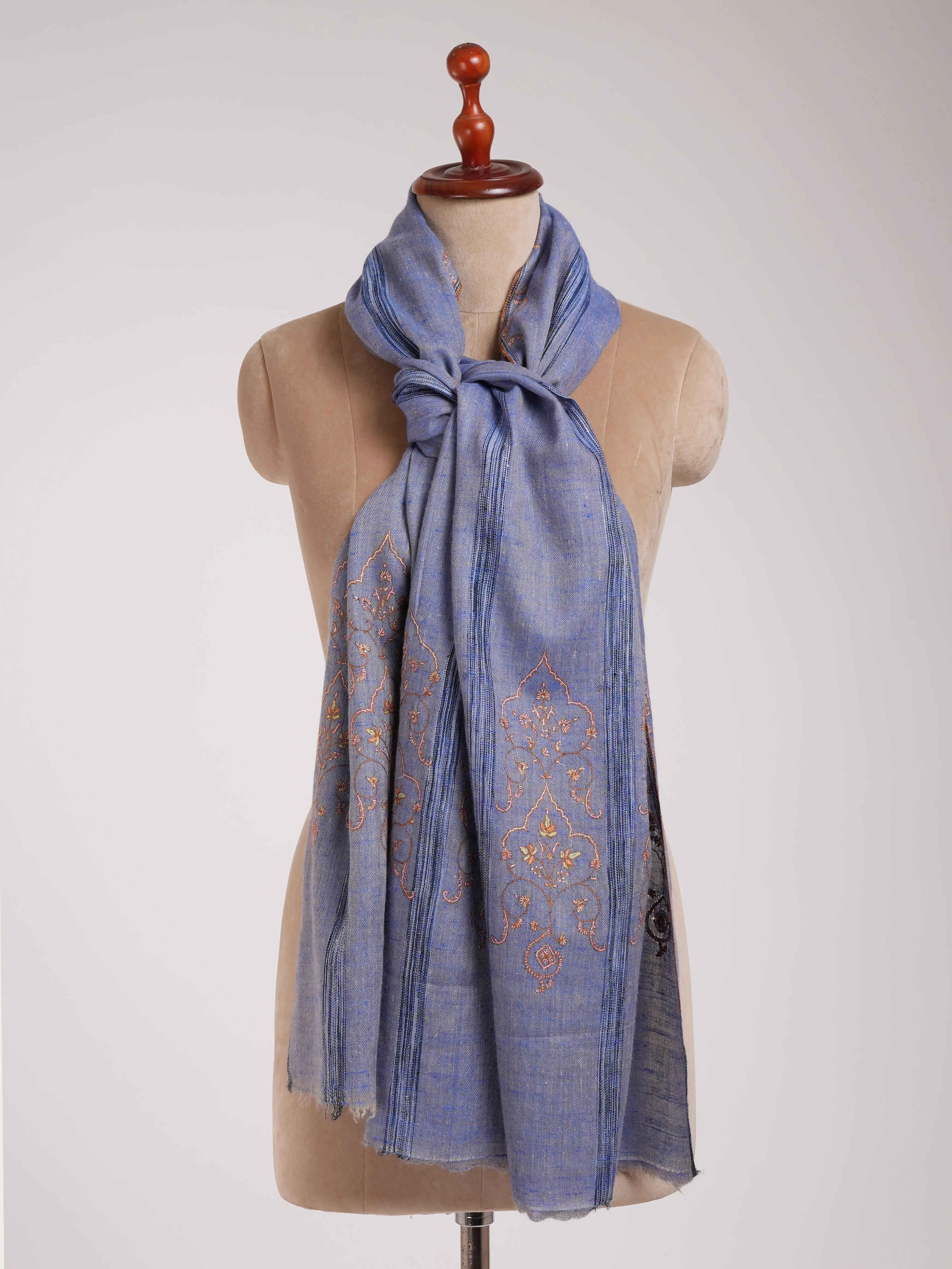 Sozni Embroidered Marina Blue Indian Cashmere Scarf Shahkaar