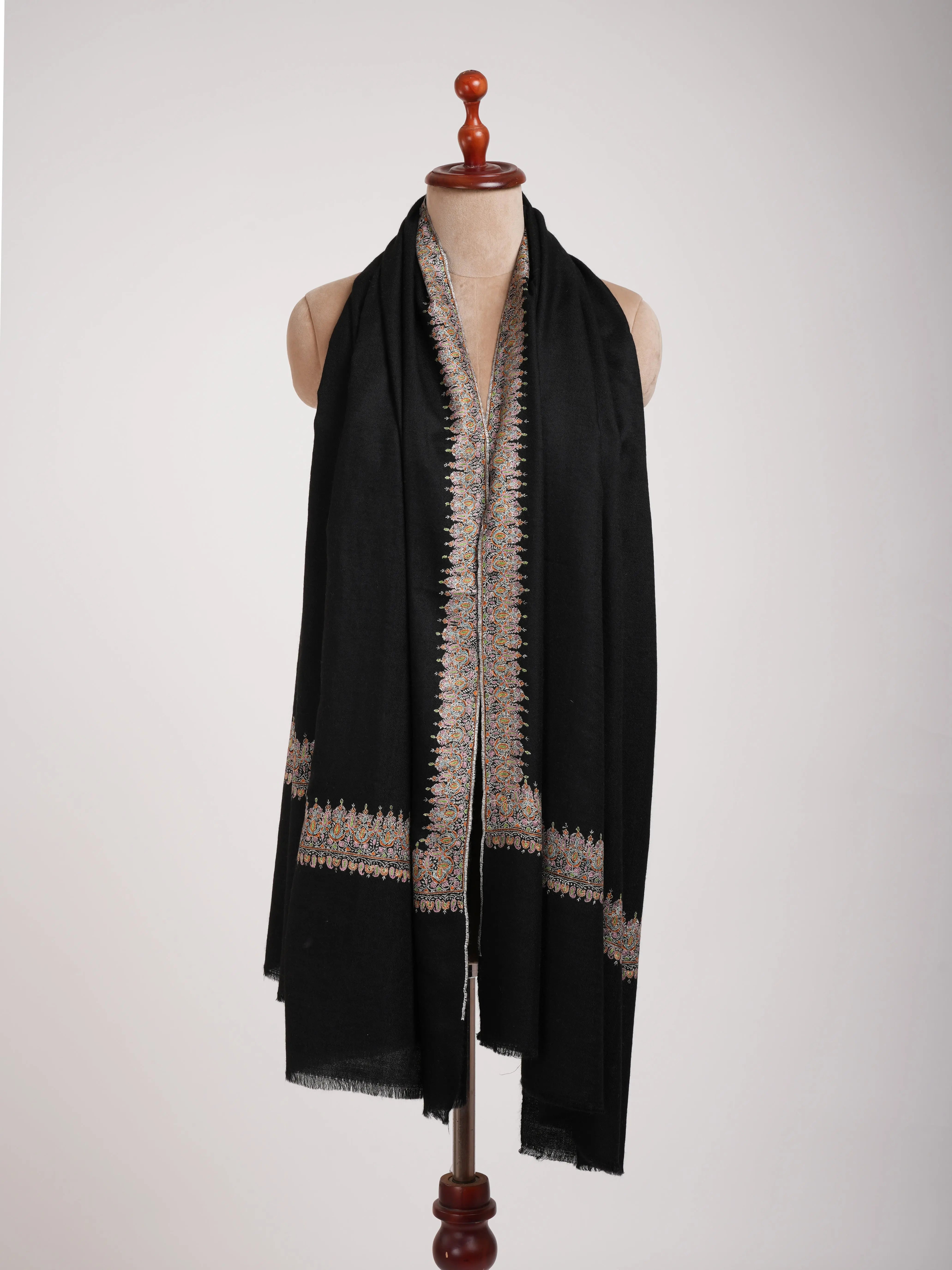 Sozni Embroidered Neemdaur Black Pashmina Shawl Shahkaar