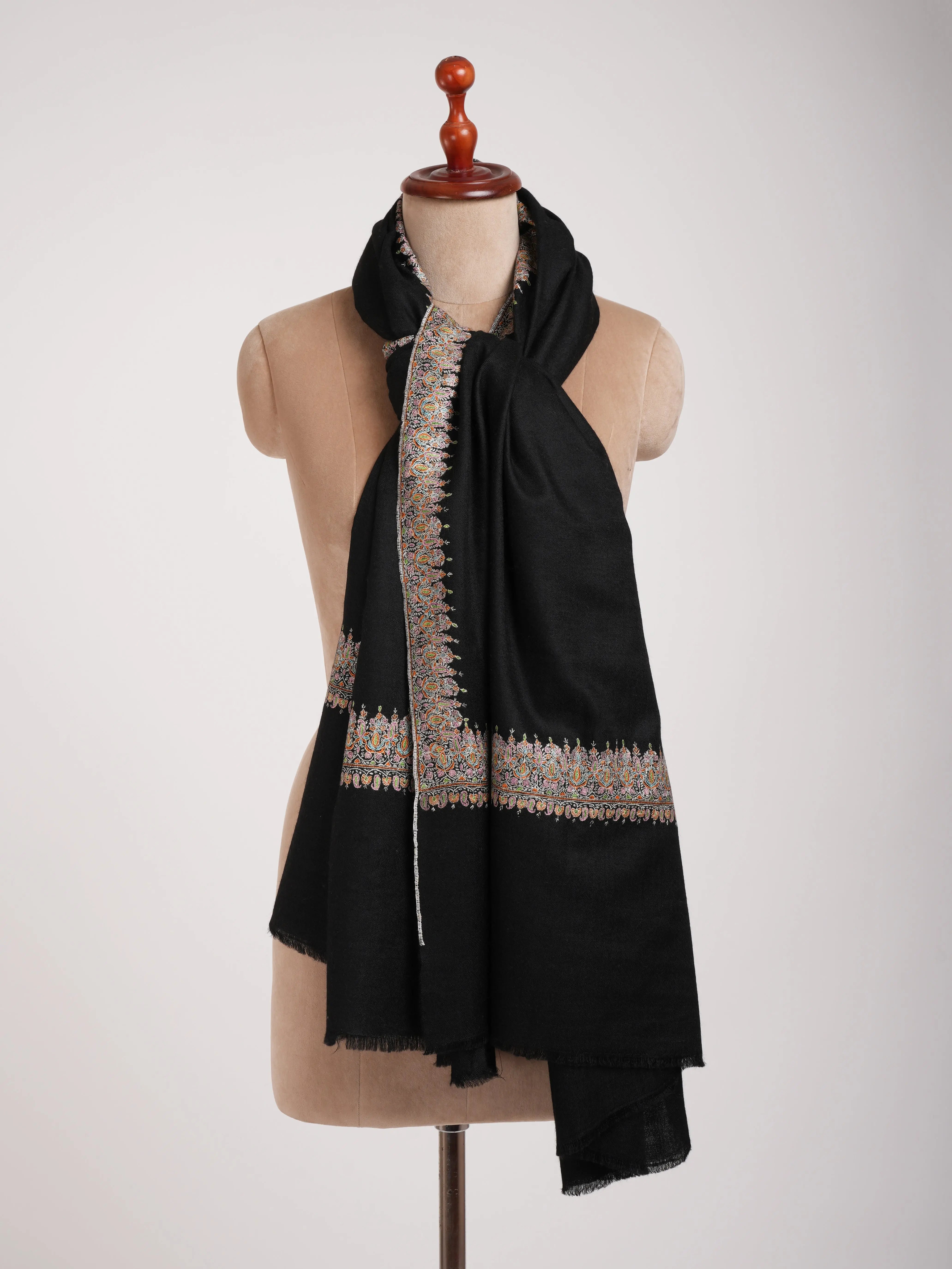 Sozni Embroidered Neemdaur Black Pashmina Shawl Shahkaar