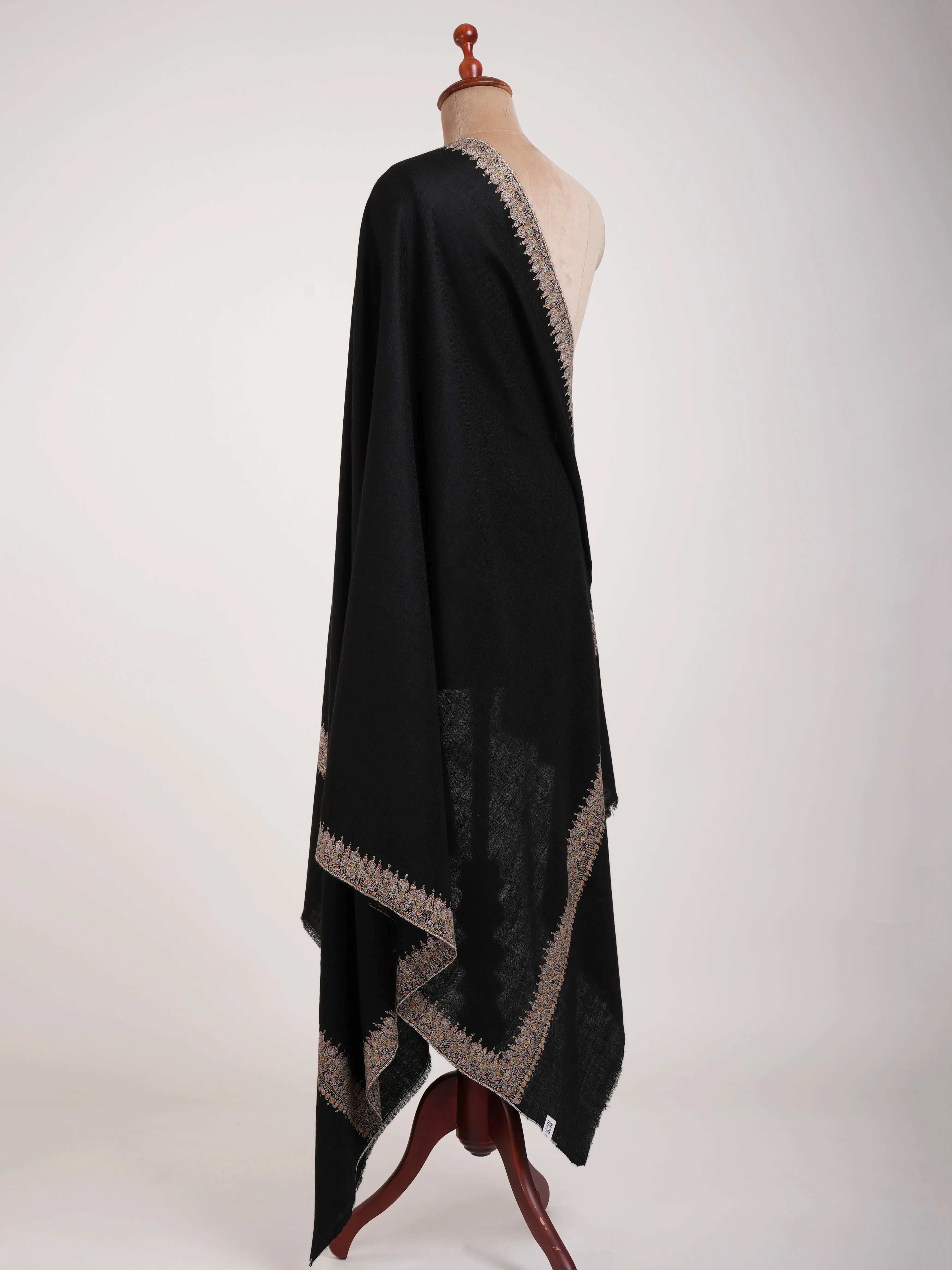 Sozni Embroidered Neemdaur Black Pashmina Shawl Shahkaar
