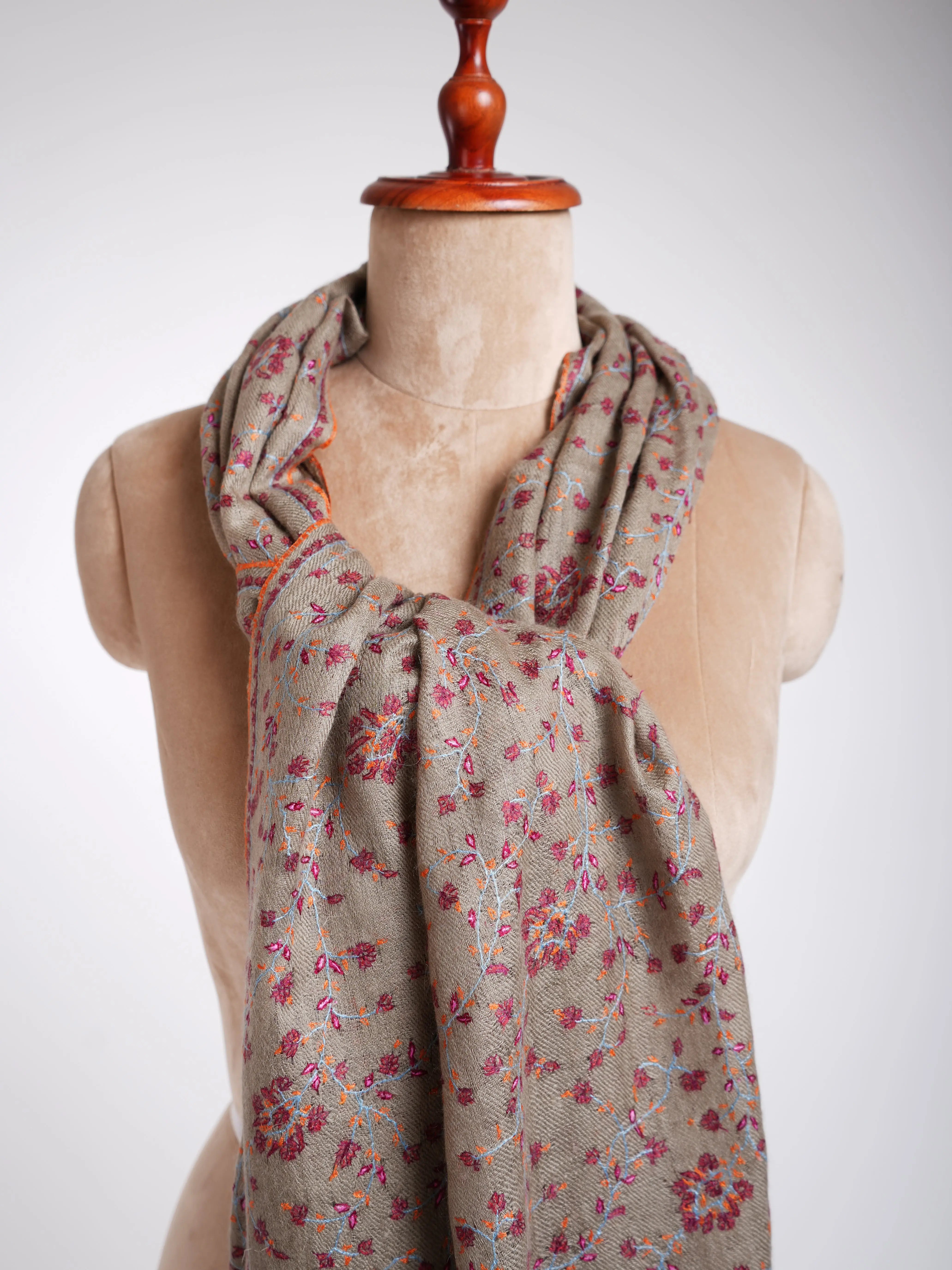Sozni Embroidery Indian Cashmere Stole Smoke Shahkaar