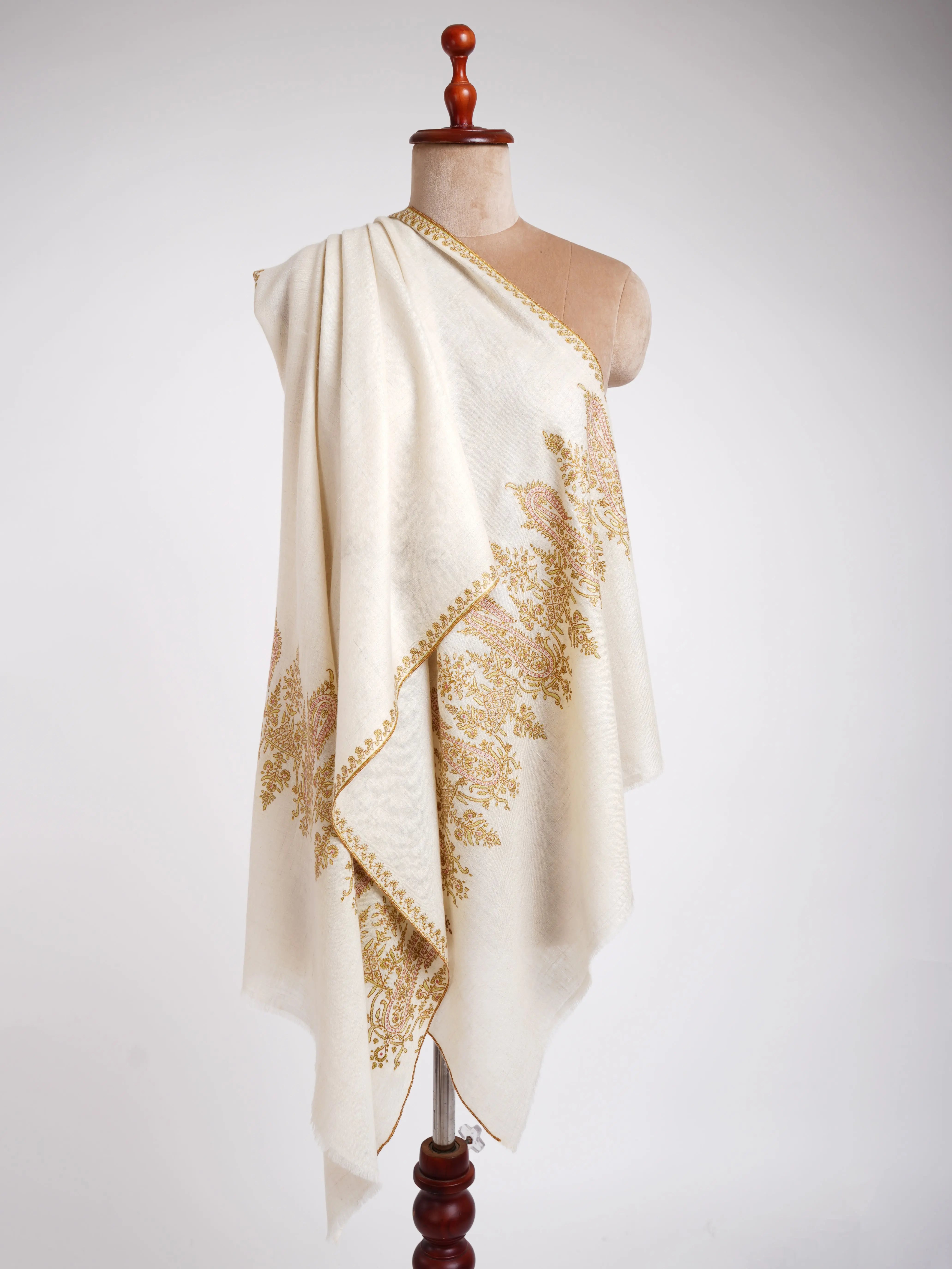 Sozni Embroidery Ivory Handmade Pashmina Stole Shahkaar